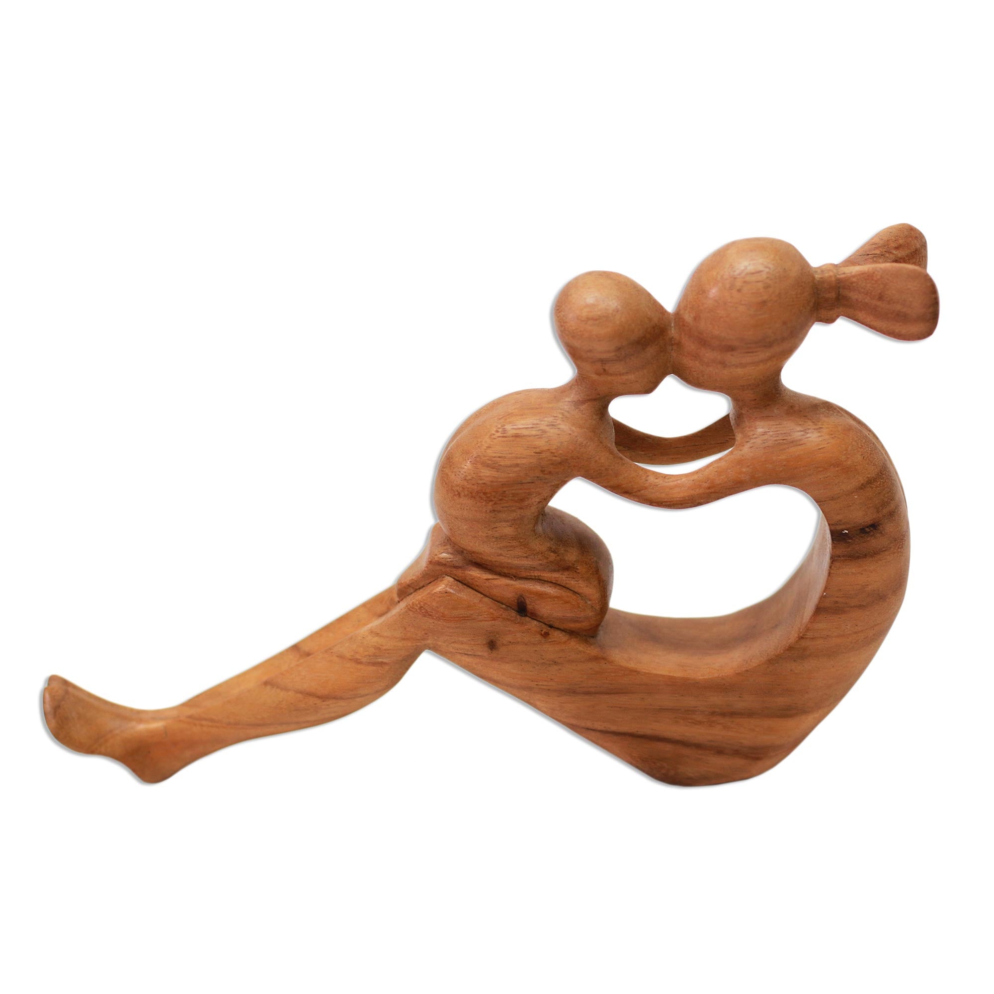 Premium Hand-Carved Mother & Child Suar Wood Sculpture - Natural Grain, Signed by Balinese Artist