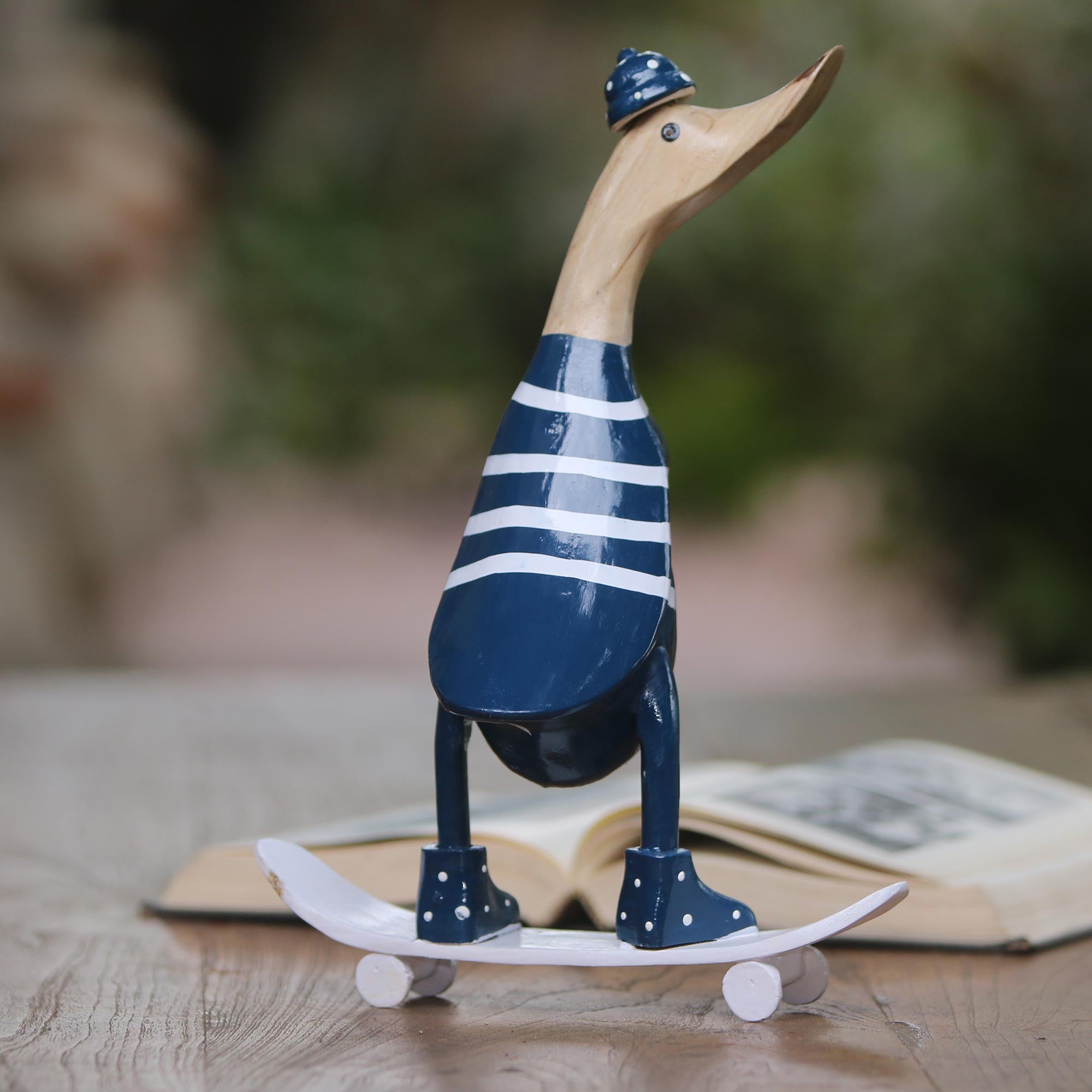 Premium Skateboard Duck Sculpture - Handcrafted Acacia Wood & Bamboo Root Art