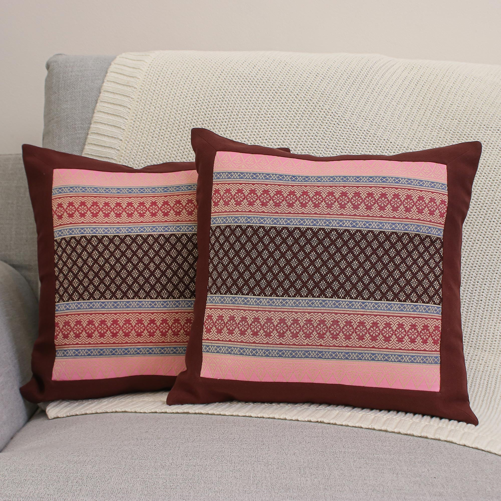 Premium Bangkok Brown Cotton Cushion Covers (Pair) - Handcrafted Elegance
