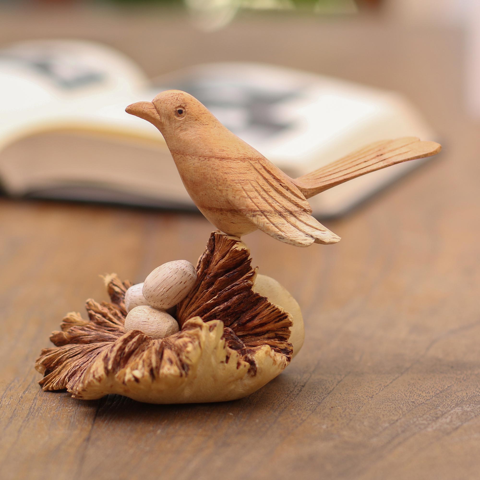 Premium Hand-Carved Nesting Bird Sculpture - Unique Benalu & Jempinis Wood Art