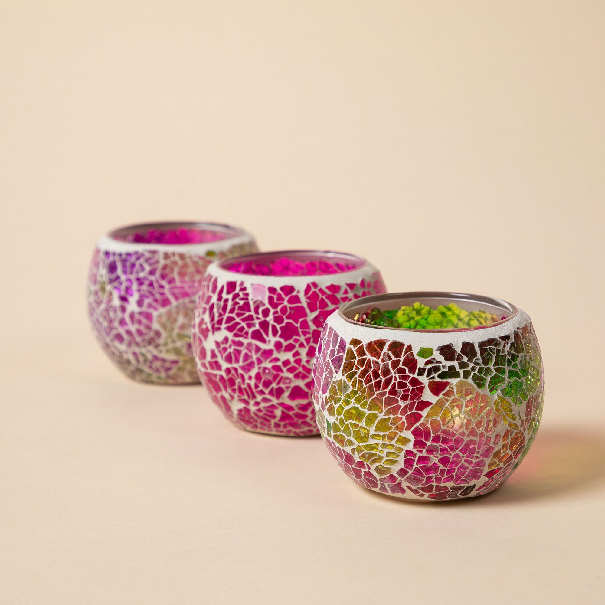 Premium Mosaic Glass Votive Holders - Set of 3