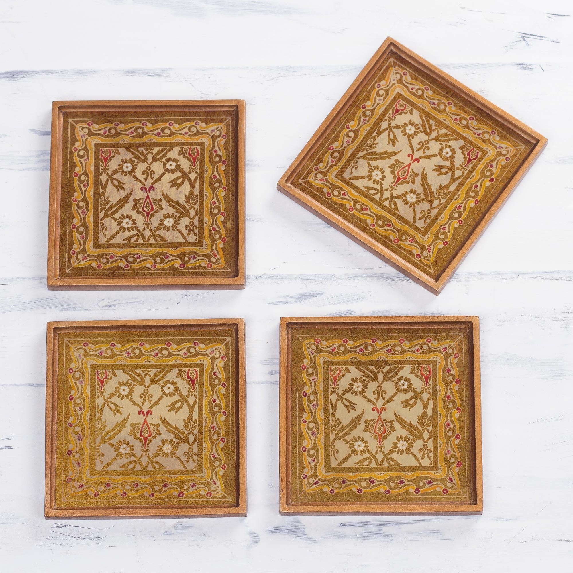 Premium Colonial Gold Floral Coasters Set - Handcrafted Reverse Painted Glass