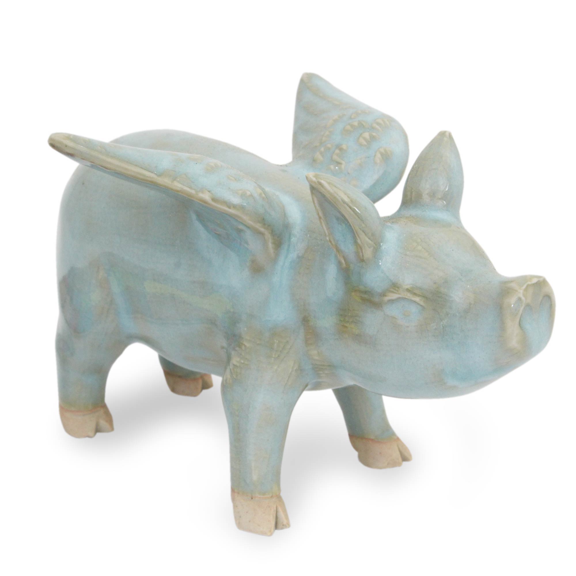 Premium Handcrafted Celadon Ceramic Flying Pig Figurine – Unique Thai Artistry