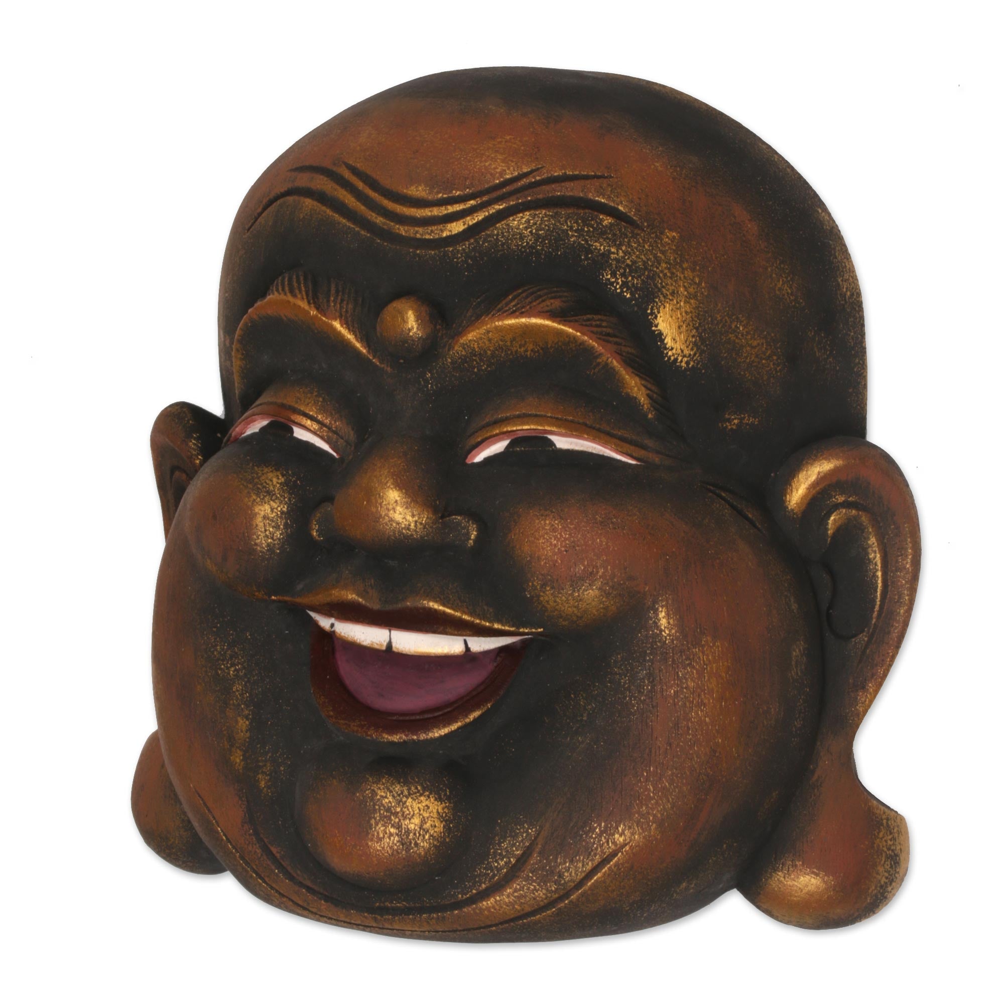 Premium Gold-Tone Balinese Laughing Buddha Wood Wall Mask - Handcrafted Art Piece