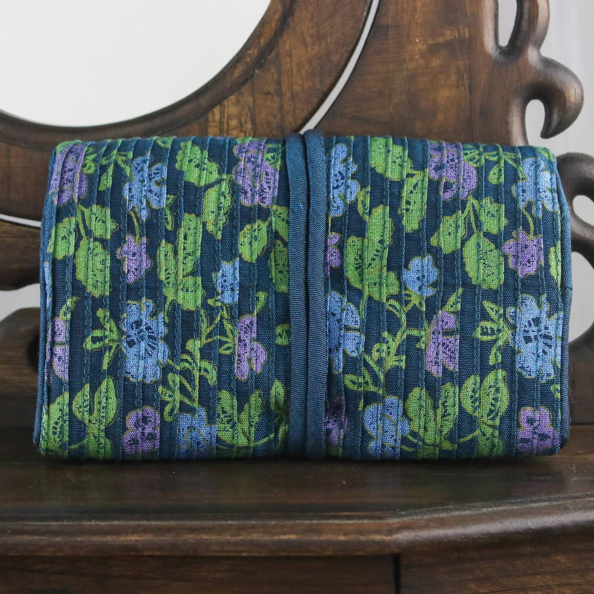 Premium Floral Jewelry Roll - Rayon & Silk Blend in Blue | Handcrafted in Thailand
