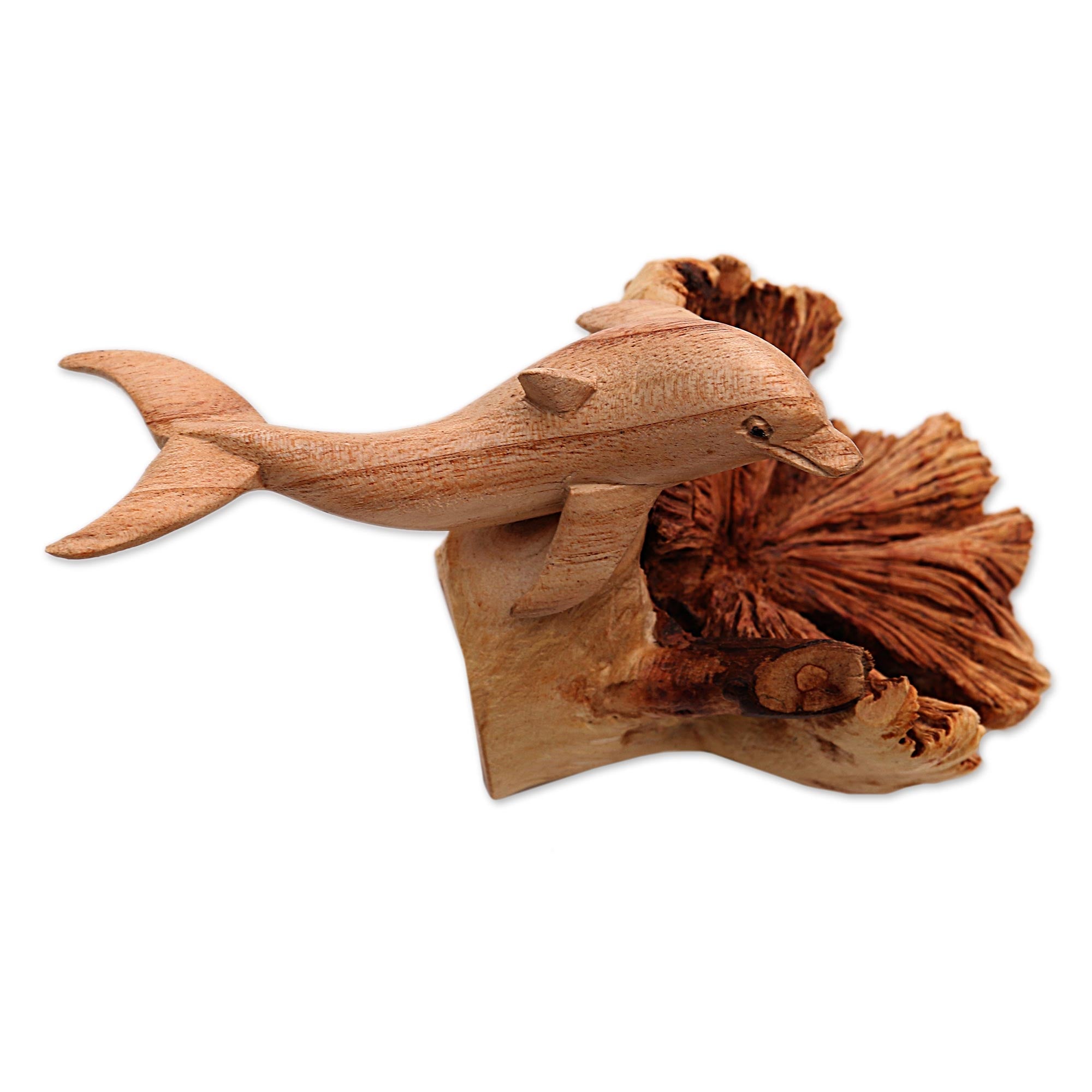 Premium Hand-Carved Dolphin Figurine - Unique Benalu Wood Base from Bali