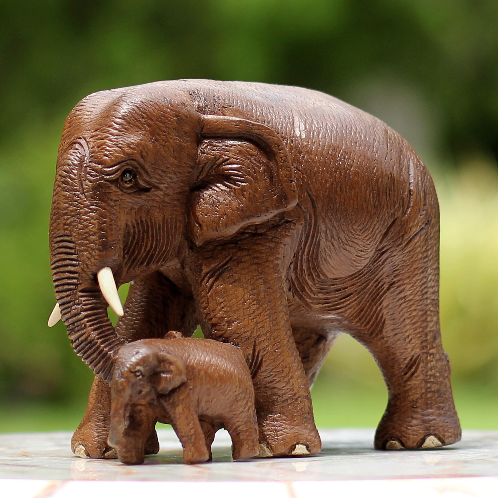 Premium Teak Wood Sculpture: Mother and Child Thai Elephants - Handcrafted in Brown