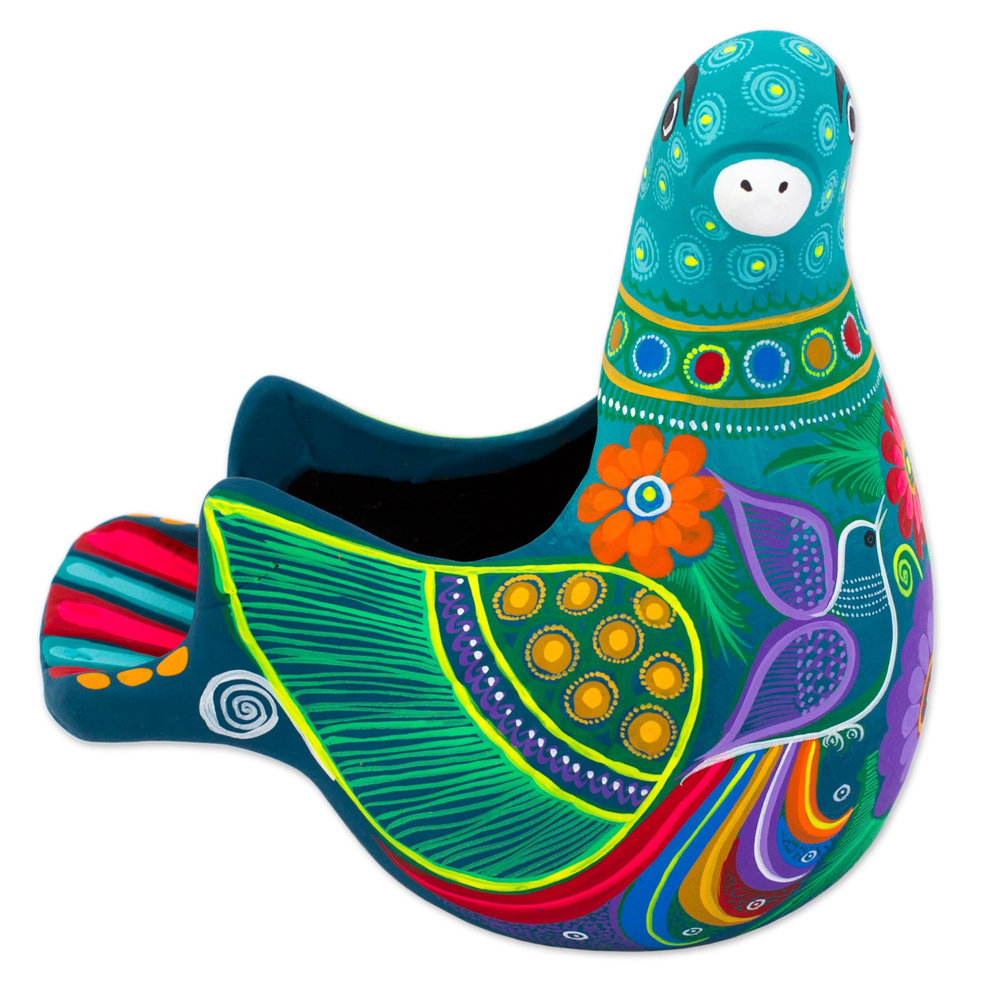 Premium Teal Dove Ceramic Sculpture - Hand-Painted Floral Art from Mexico