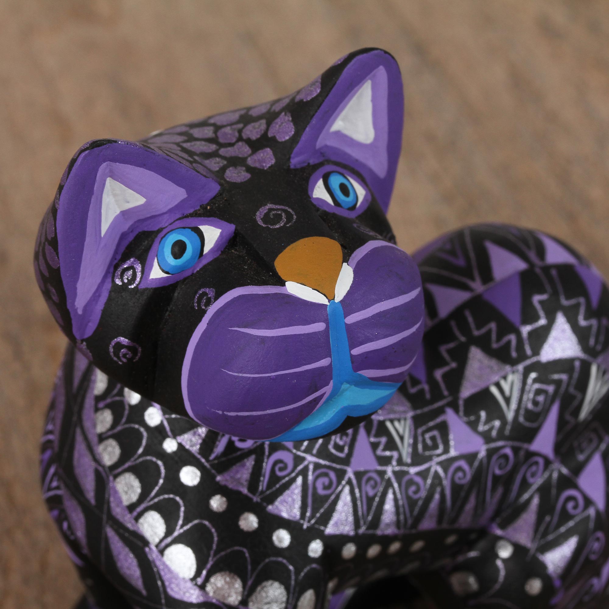 Premium Hand-Painted Black Alebrije Cat with Silver & Purple Motifs