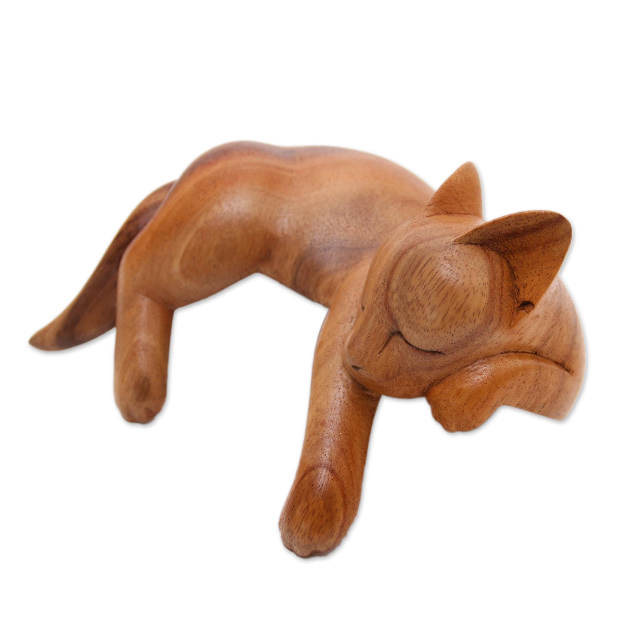 Premium Hand-Crafted Suar Wood Sleeping Cat Sculpture from Bali - Natural Finish
