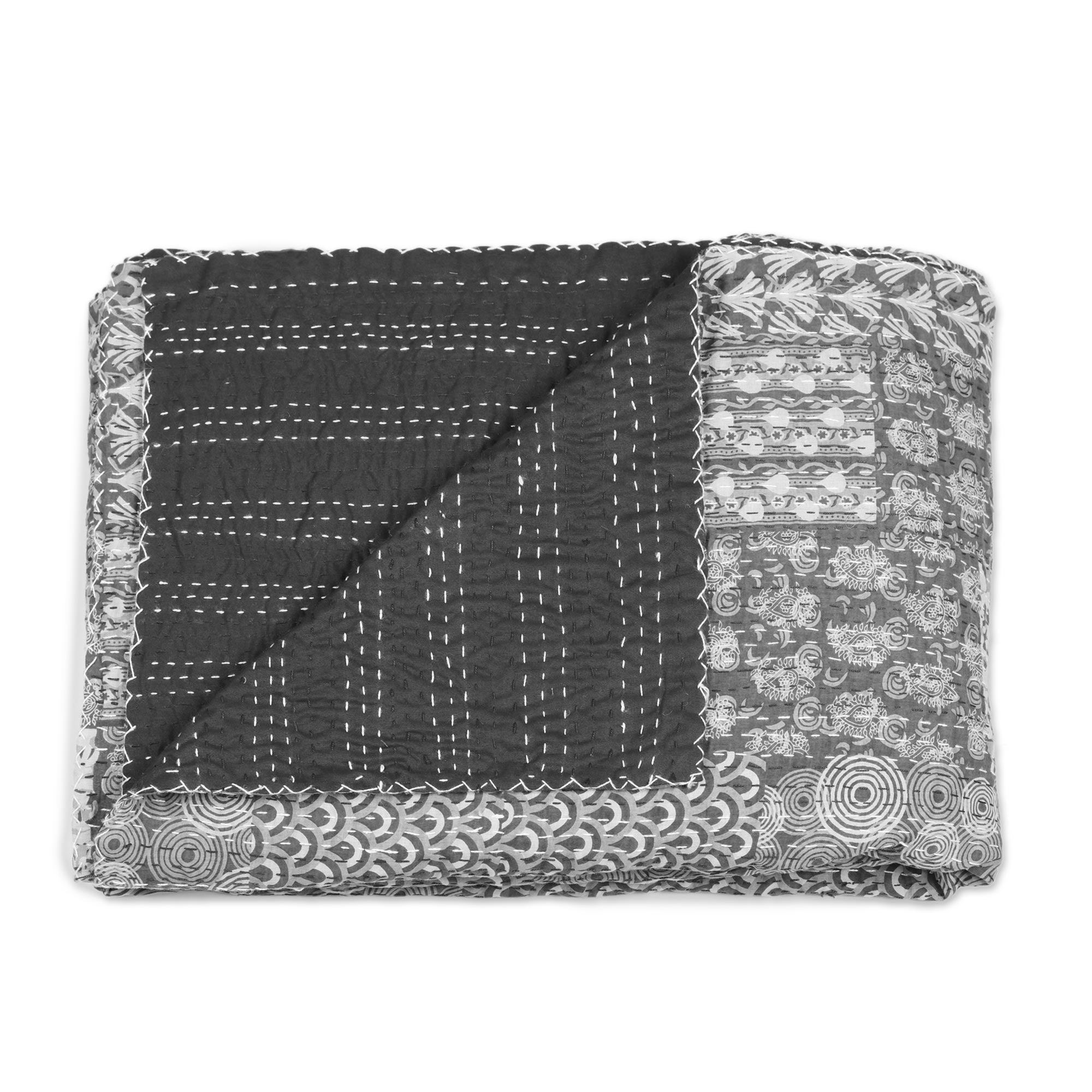 Premium Grey Kantha Cotton Bedspread Set with Matching Shams (3-Piece)