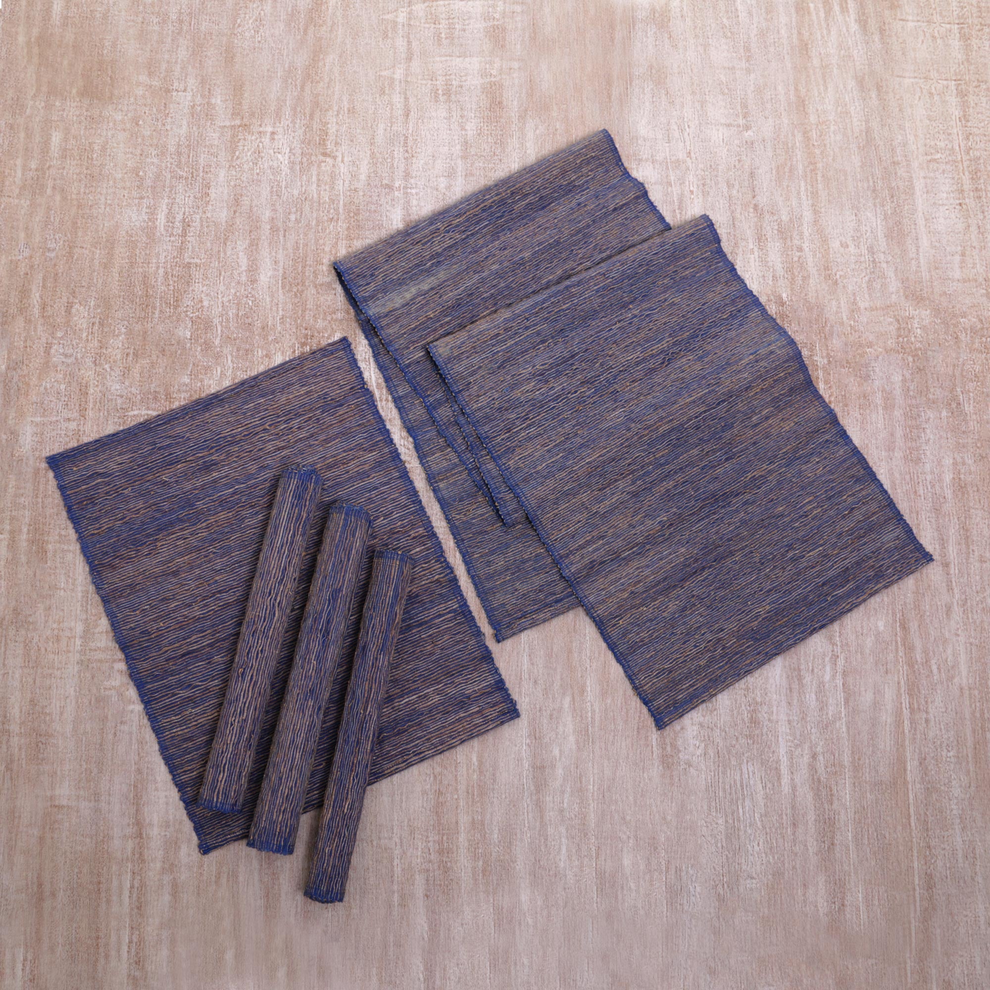 Premium Blue Fiber & Cotton Blend Table Runner and Placemats Set