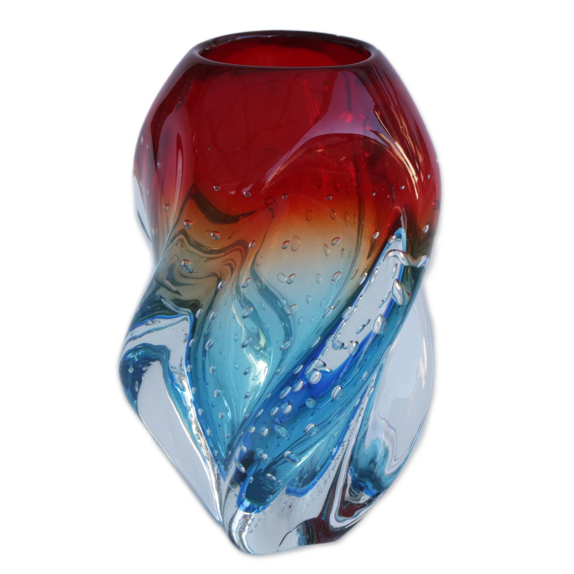 Premium Handblown Art Glass Vase - Blue and Red Twist from Brazil