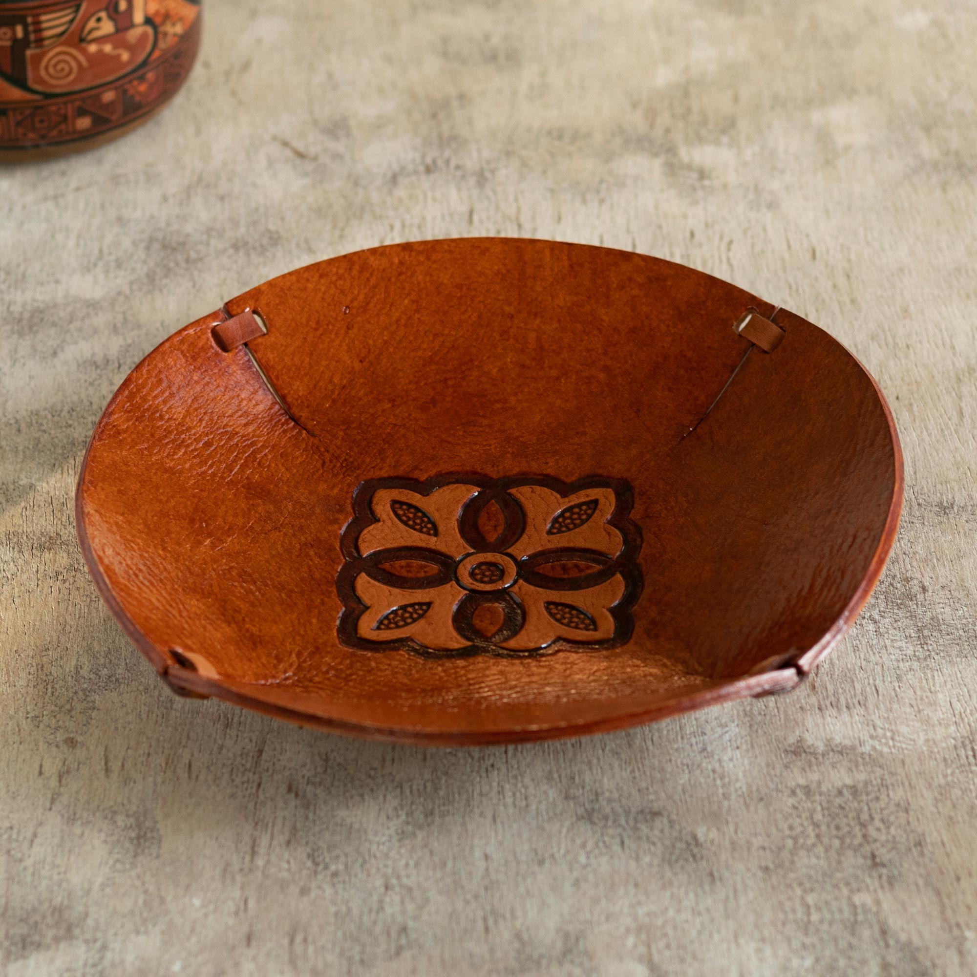 Premium Colonial Florals Brown Leather Catchall Plate - Handcrafted in Peru