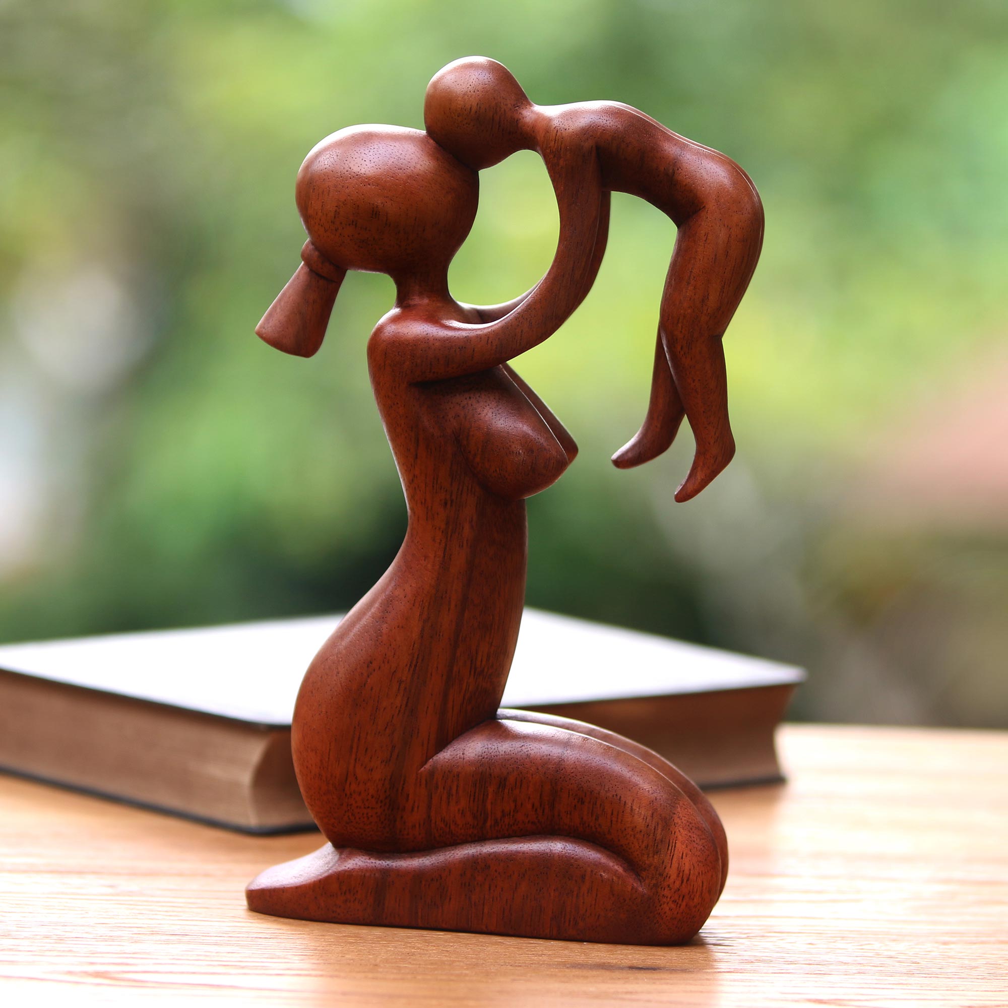 Premium Mother's Love Suar Wood Family Sculpture