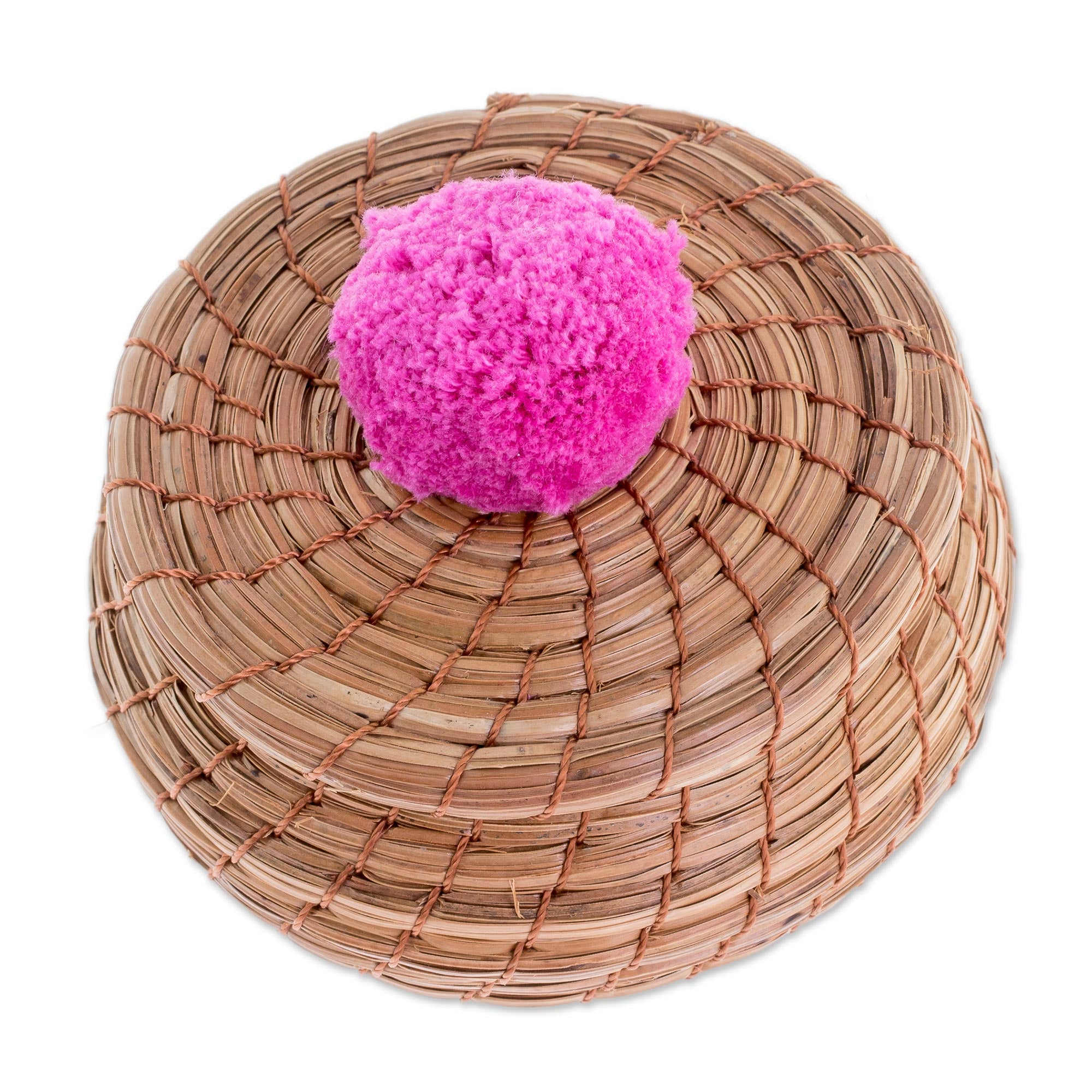 Premium Fuchsia Pine Needle Basket with Cotton Pompom - Handmade by Guatemalan Artisans