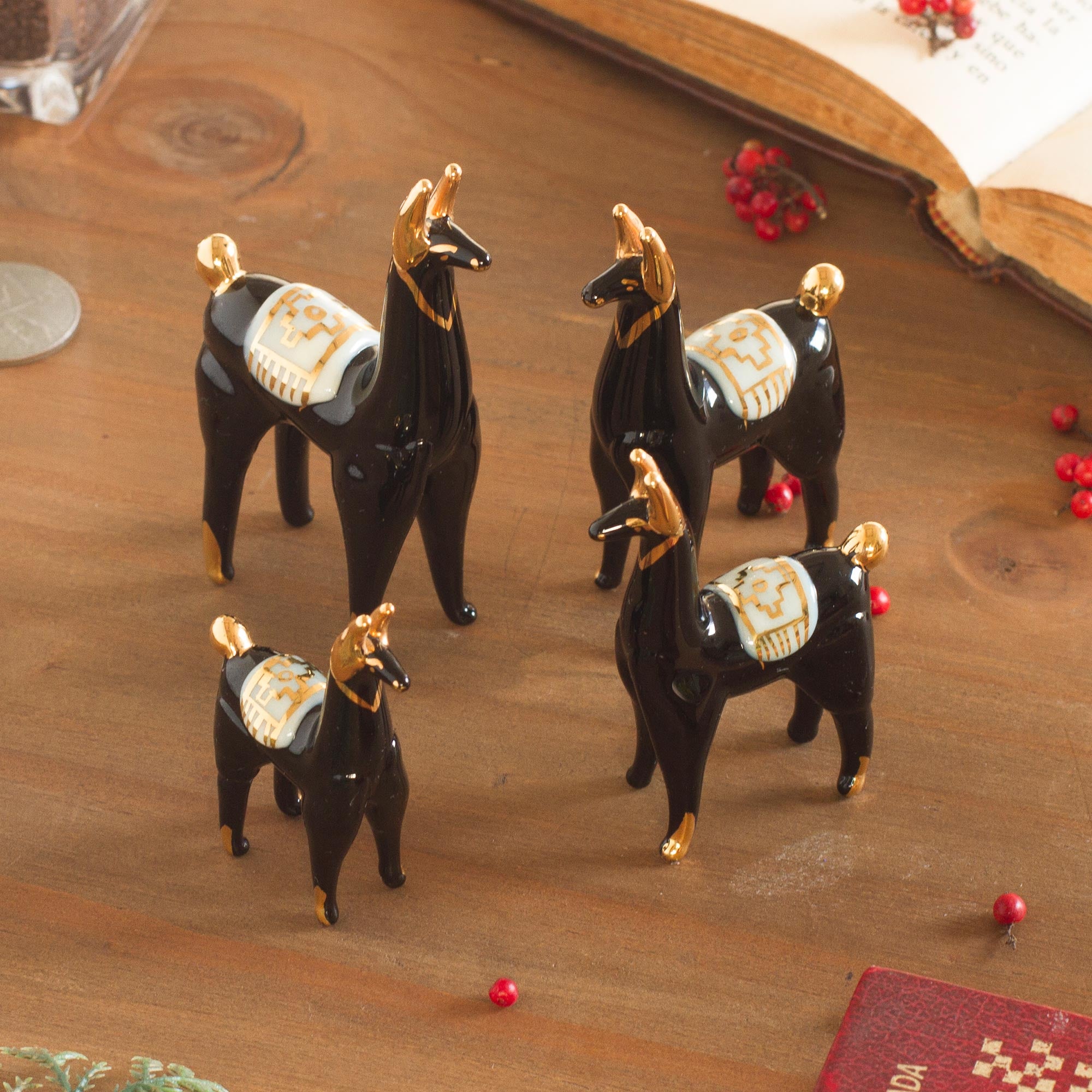 Premium Black Glass Llama Figurines Set of 4 with Gilded Accents - Handcrafted Andes Collection