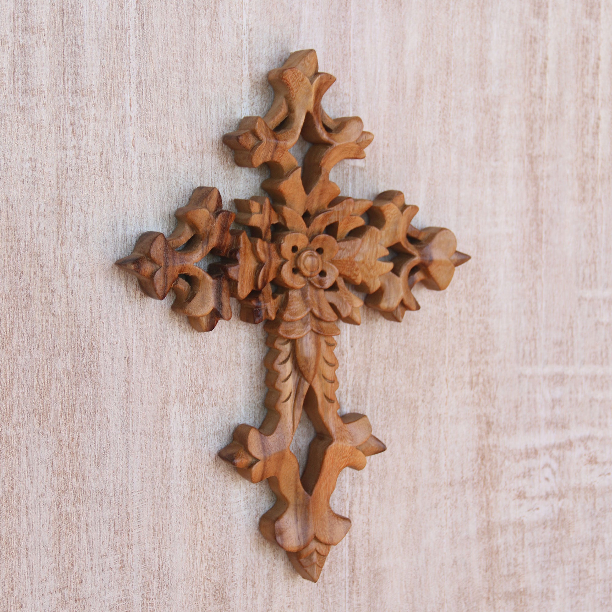Premium Faith Blooms Hand-Carved Floral Suar Wood Wall Cross from Bali – Ultimate Christian Home Decor