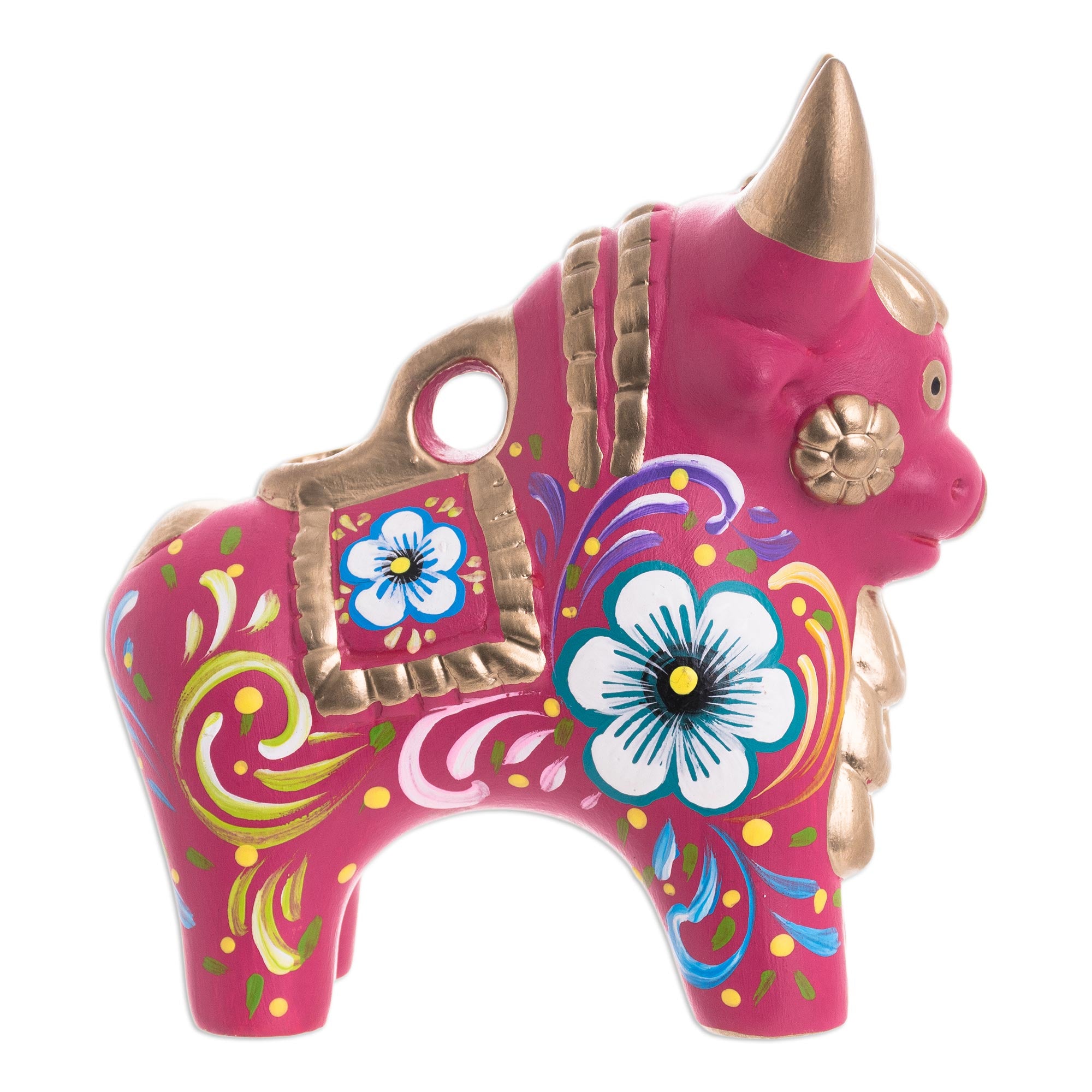 Premium Hand-Painted Ceramic Bull Statue - Fuchsia & Multi-Color Floral Design from Peru