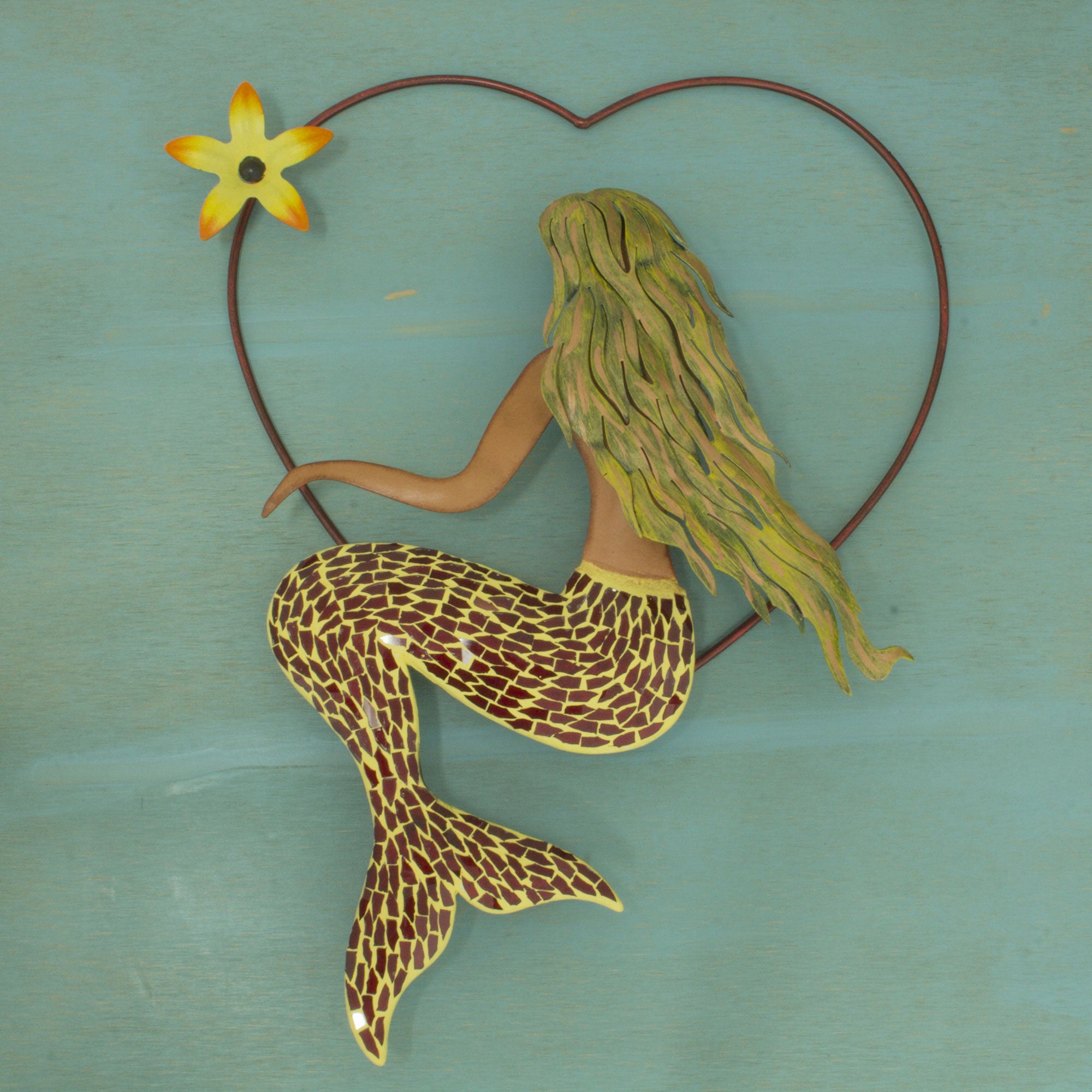 Premium Handcrafted Mermaid Heart Wall Art - Iron & Glass Mosaic Sculpture