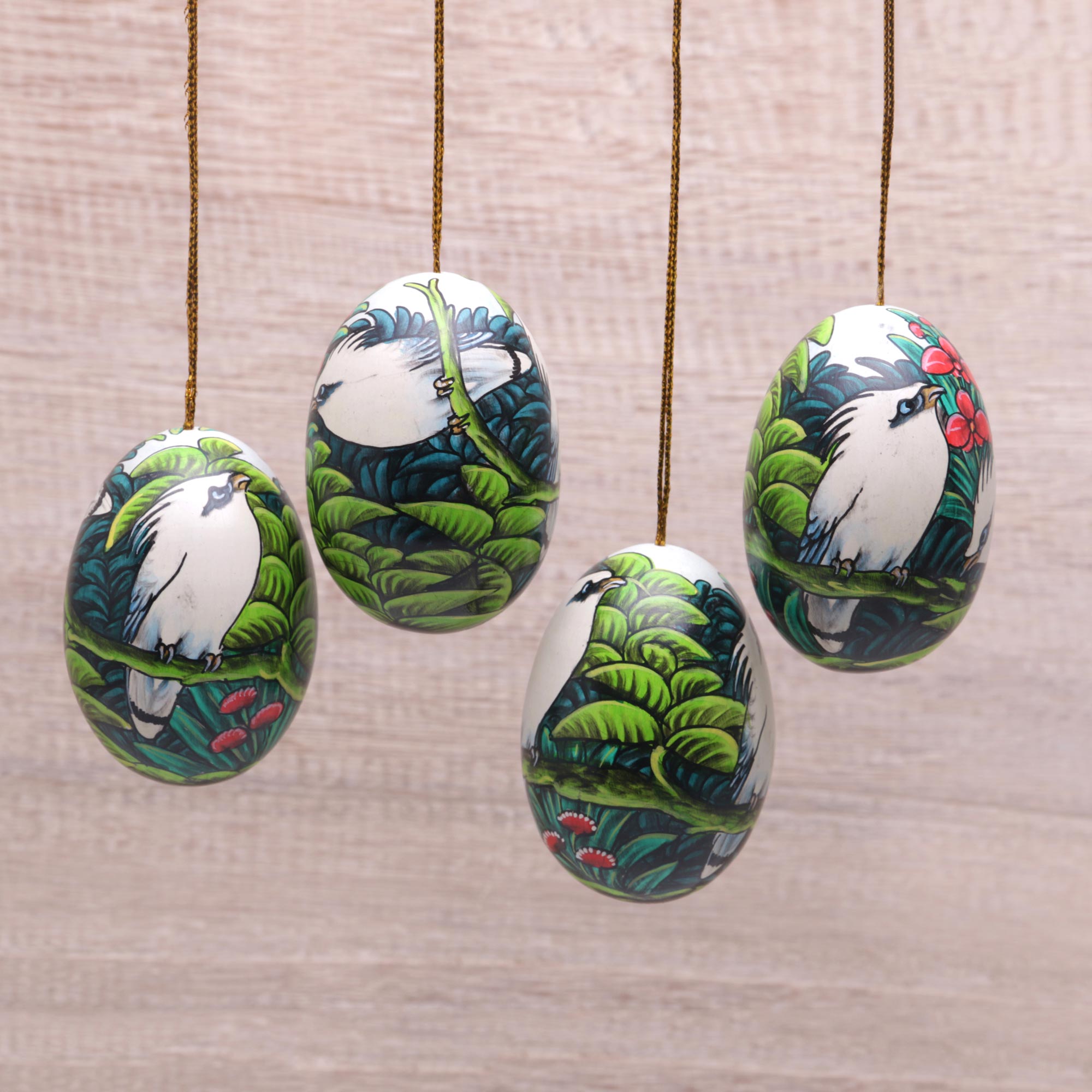 Premium Hand-Painted Jalak Forest Ornaments from Bali - Set of 4