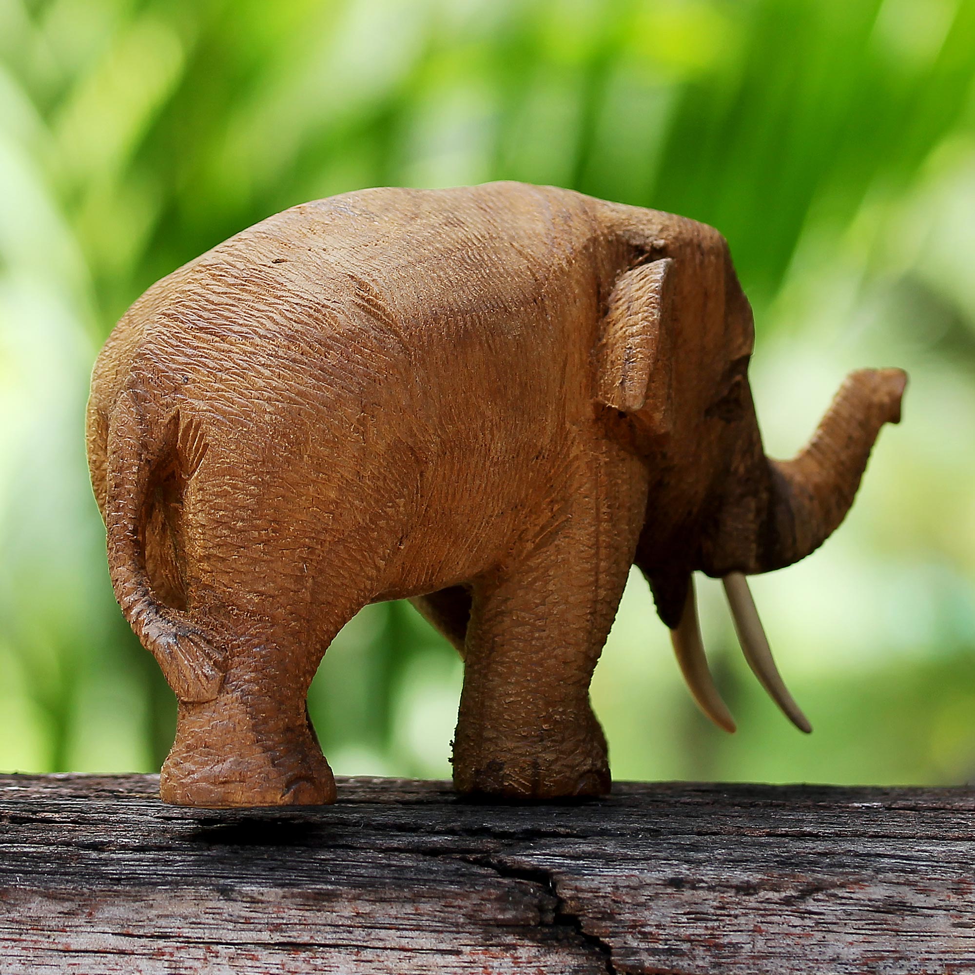 Premium Hand-Carved Thai Teak Wood Elephant Sculpture - Rustic Elegance