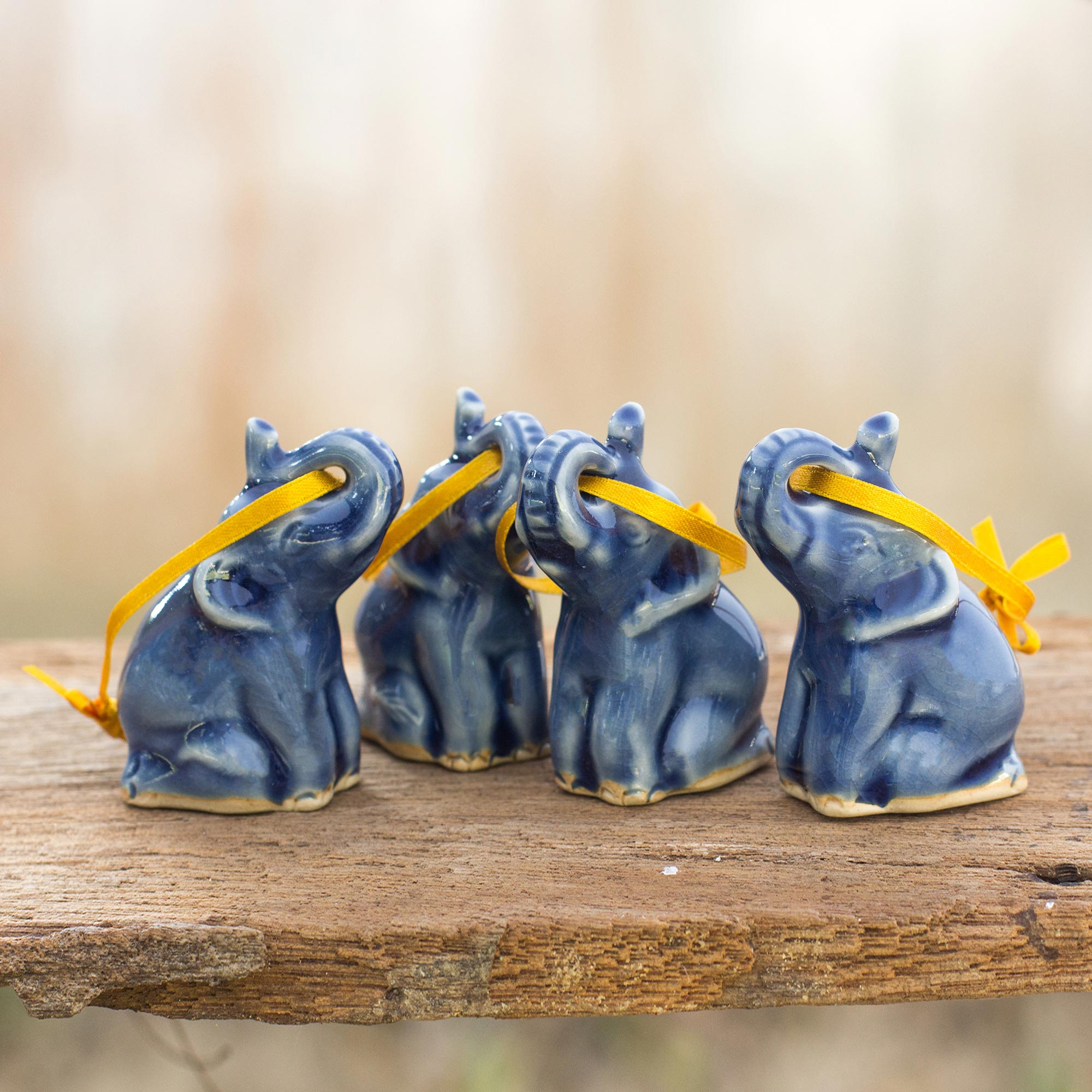 Premium Celadon Ceramic Christmas Ornaments - Blue Elephant Set of 4