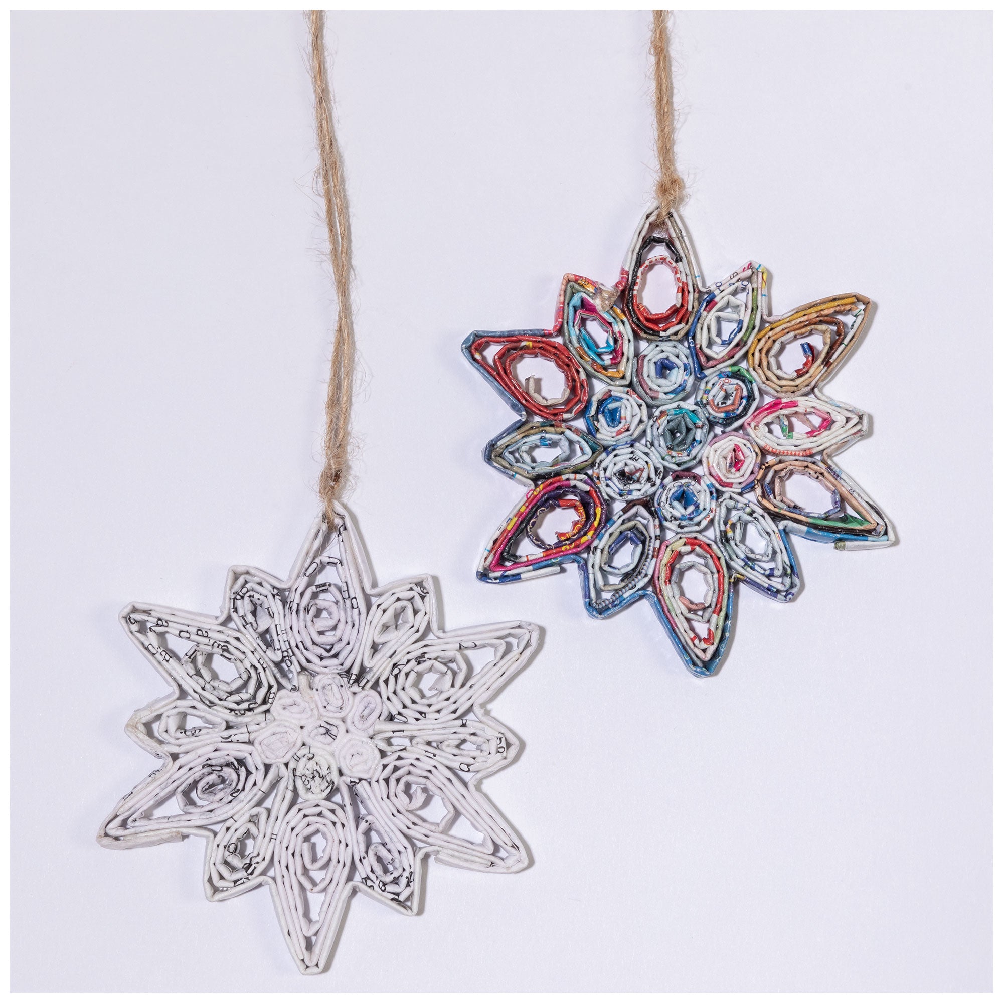 Premium Recycled Magazine Snowflake Ornaments - Eco-Friendly Set of 2