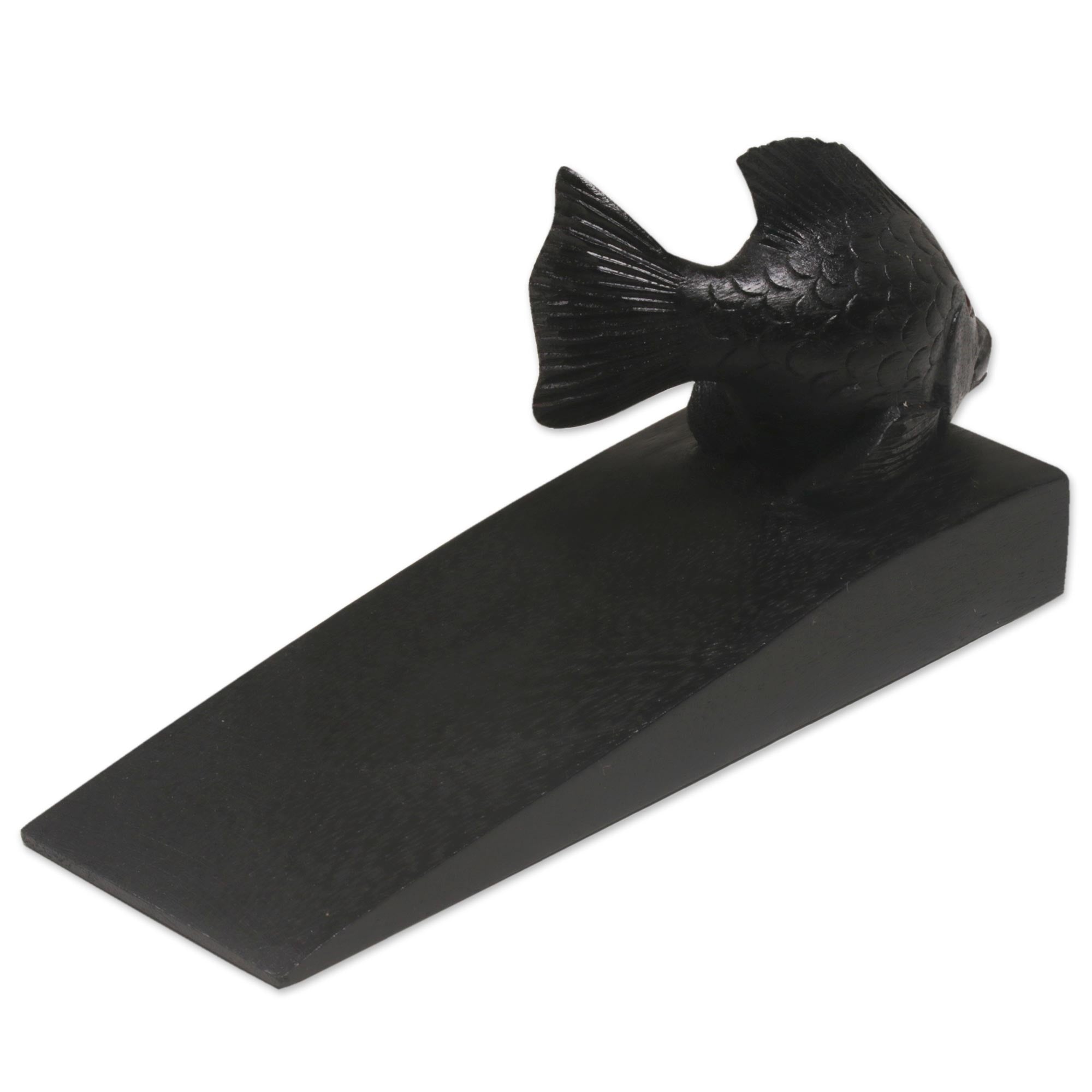 Premium Handcrafted Suar Wood Fish Doorstop - Black Balinese Design