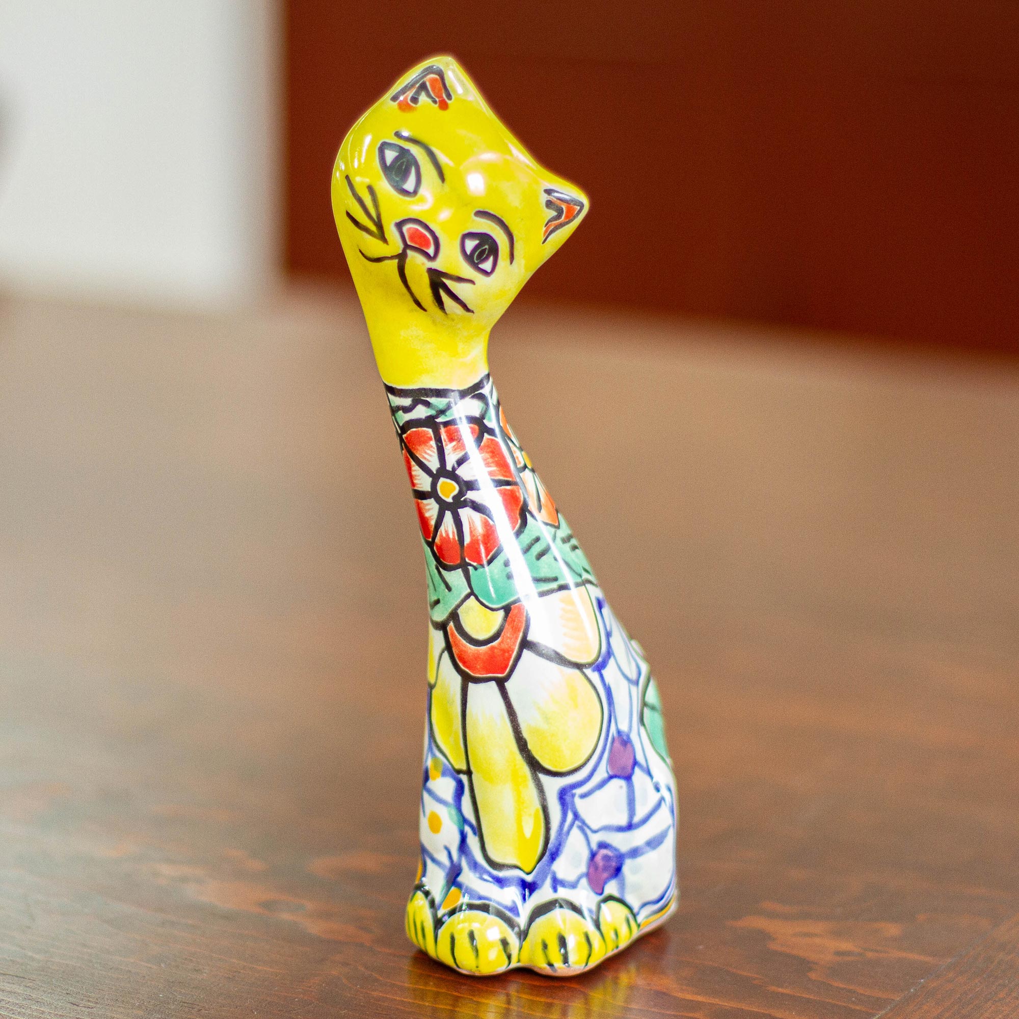 Premium Talavera Cat Statue - Hand-Painted Yellow Floral Ceramic Art
