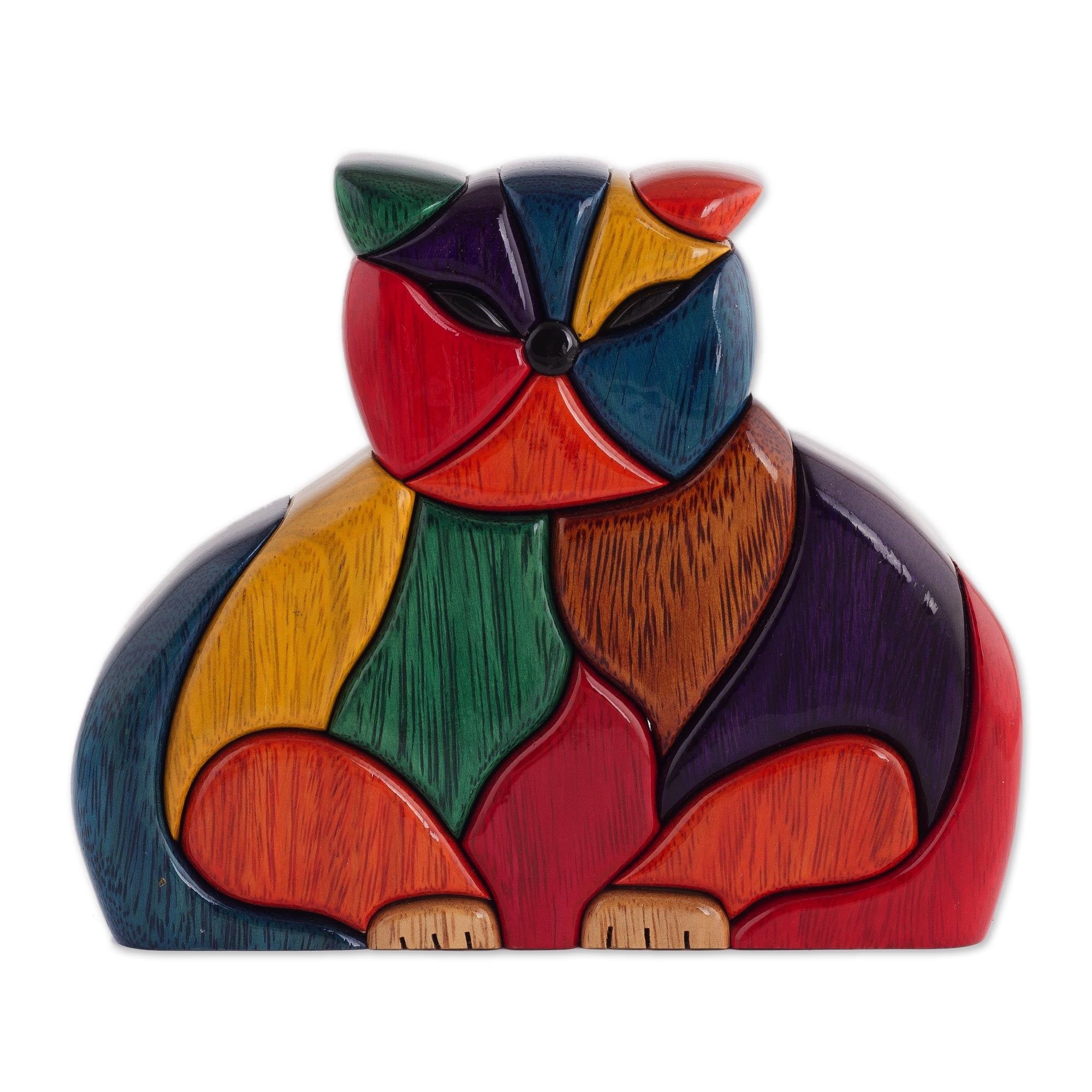 Premium Handcrafted Patchwork Cat Sculpture in Ishpingo Wood