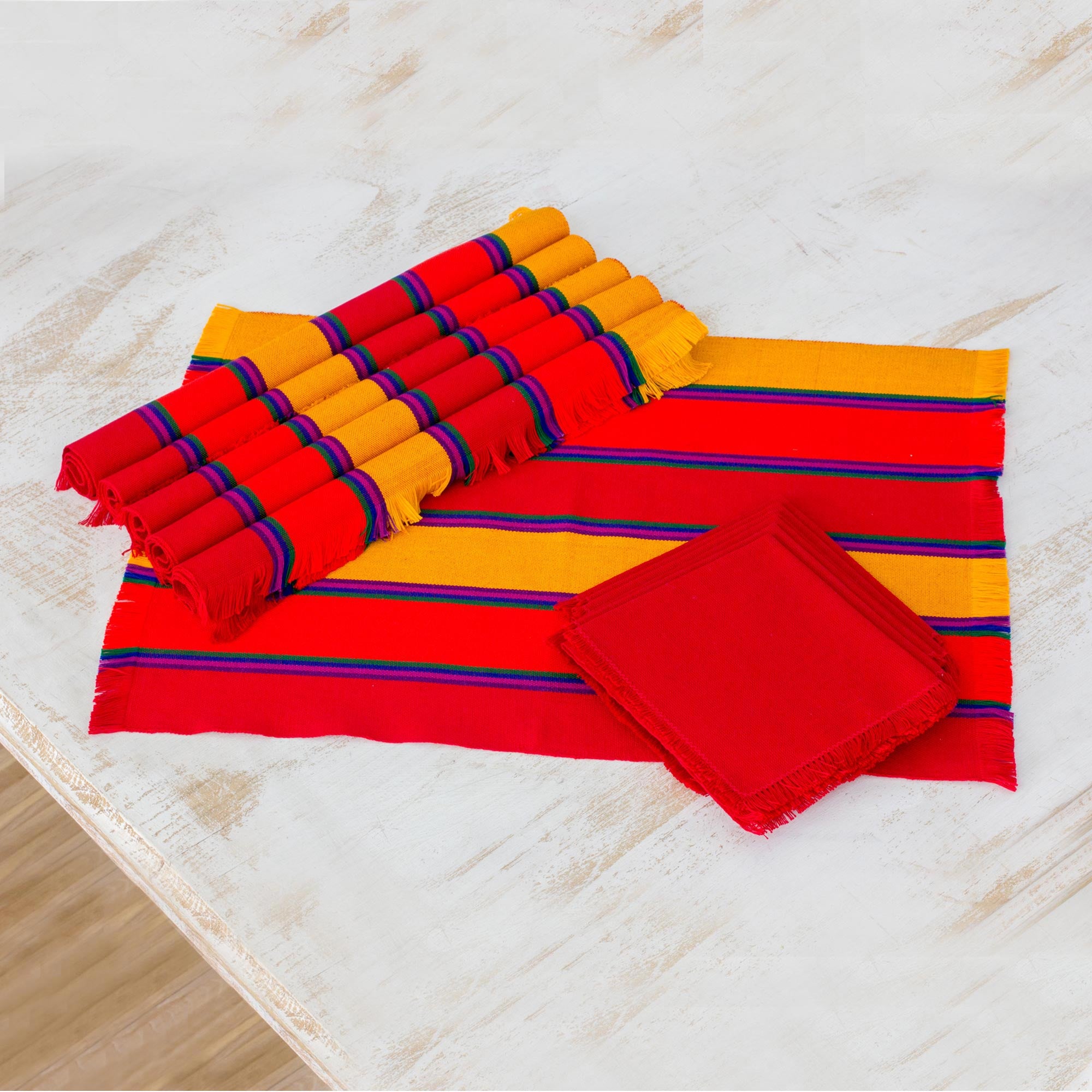 Premium Guatemalan Sunset Striped Cotton Placemat & Napkin Set - Handwoven Elegance