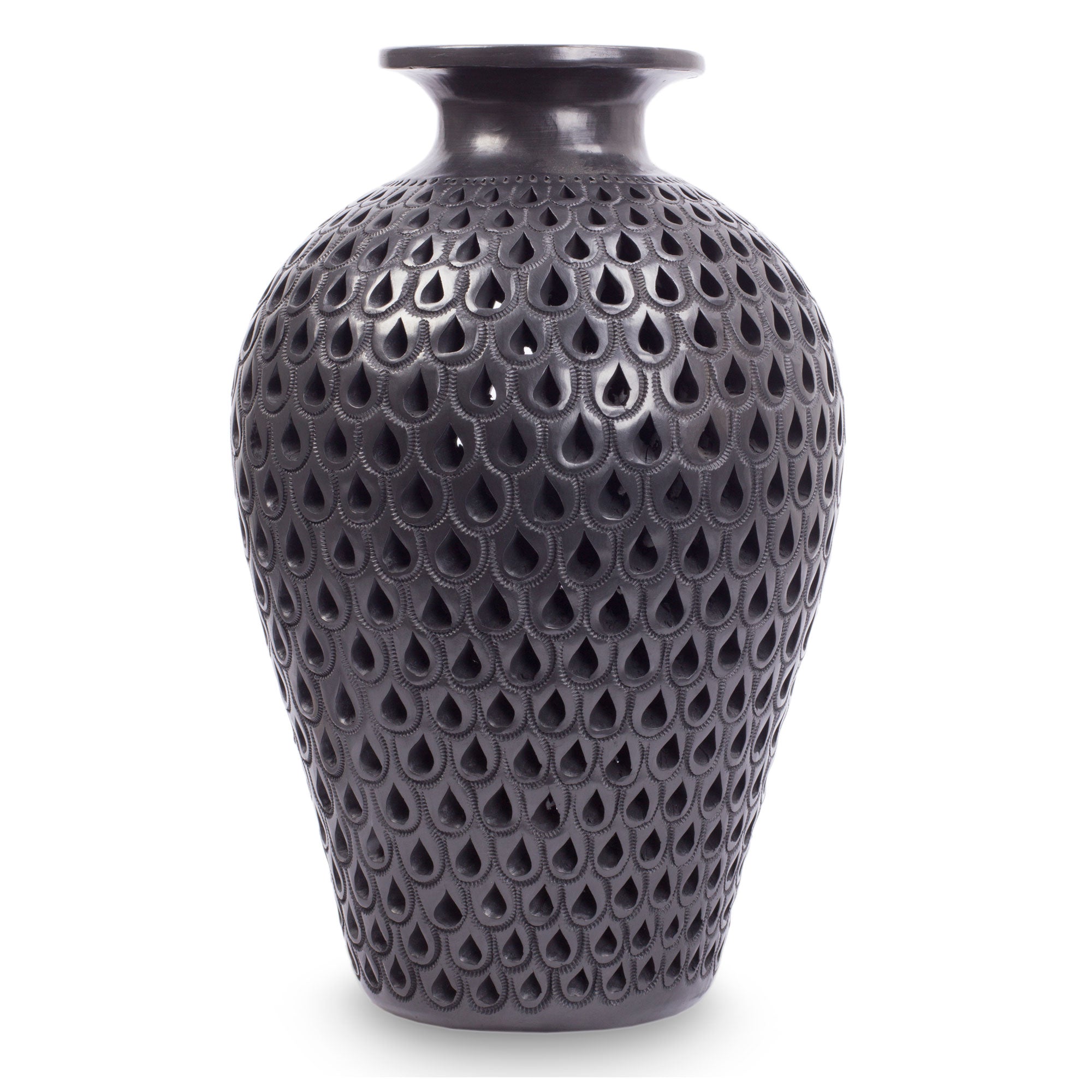 Premium Handcrafted Black Peacock Incised Pottery Vase - Oaxacan Barro Negro Art