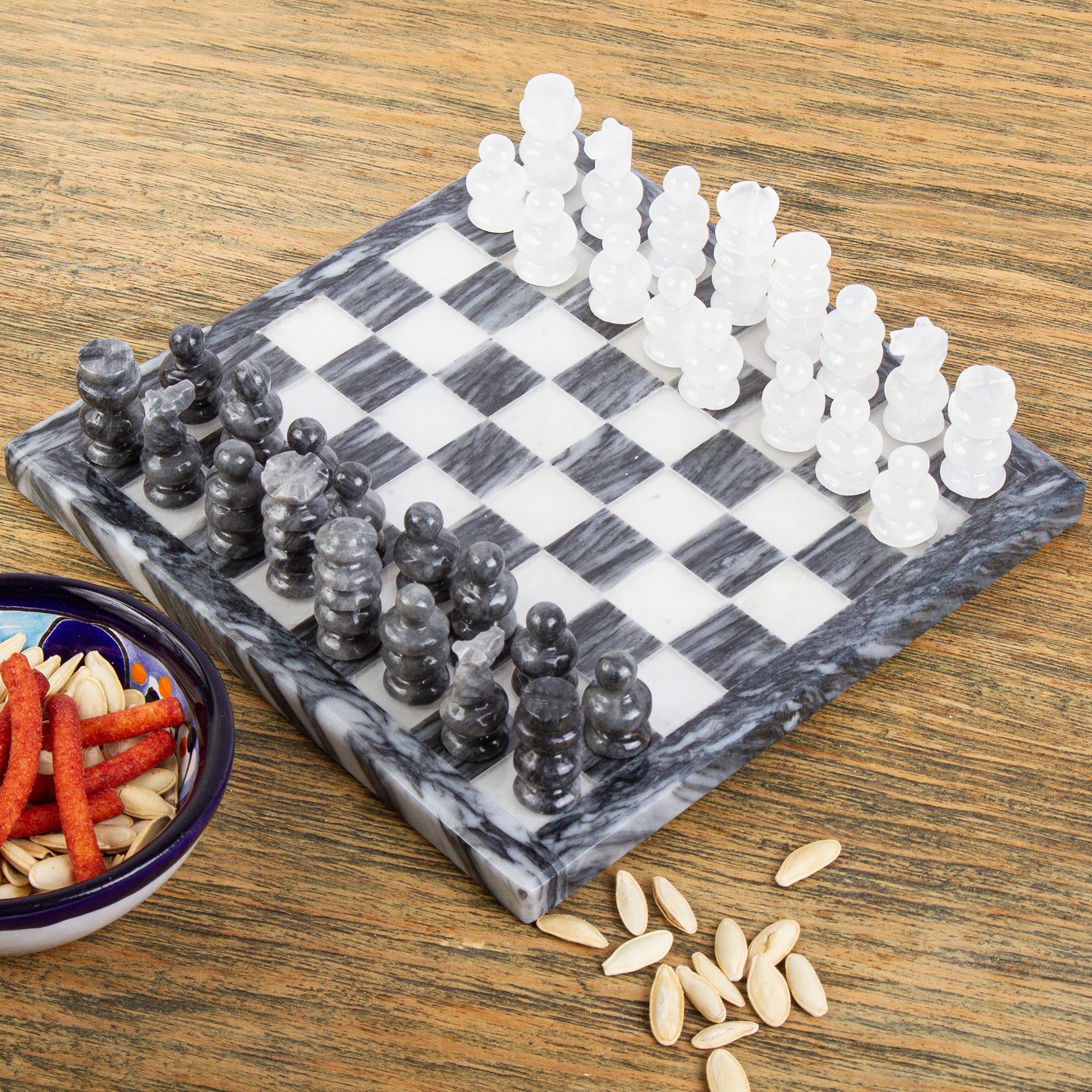Premium White and Ash Mexican Onyx & Grey Marble Travel Chess Set