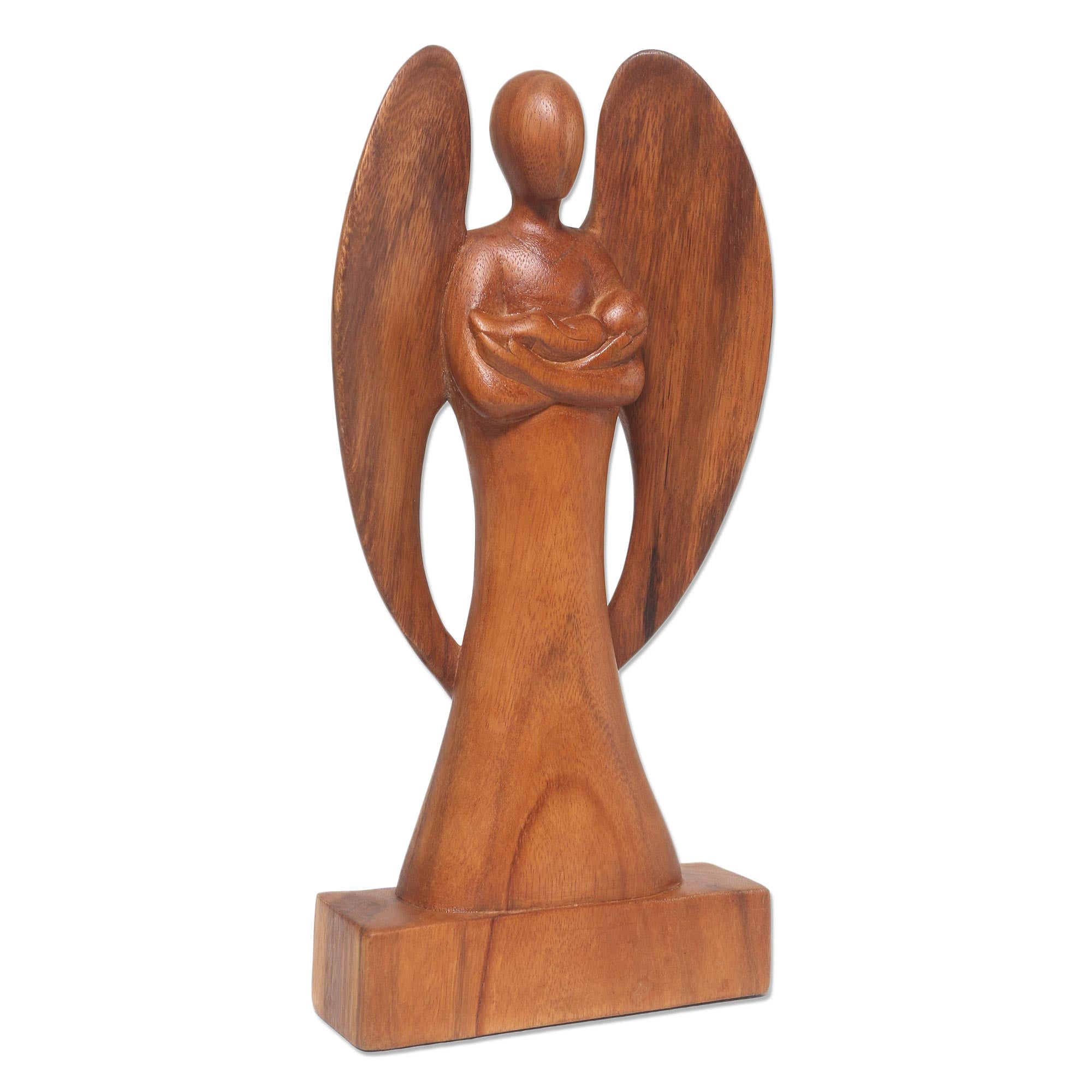 Premium Guardian Angel Hand-Carved Wood Sculpture - Angel and Baby Art Piece