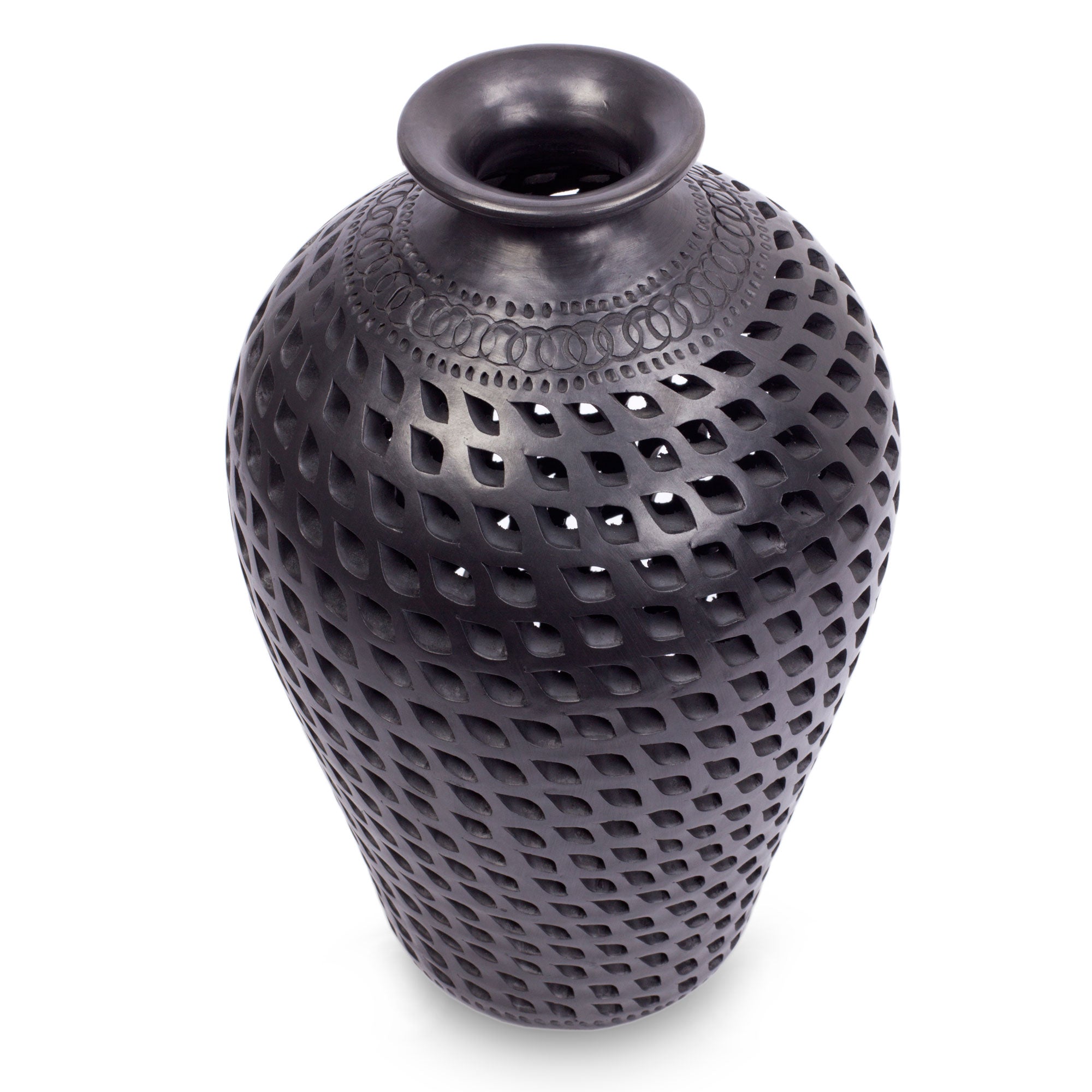 Premium Mexican Artisan Cutout Black Pottery Vase - Leaves in Darkness