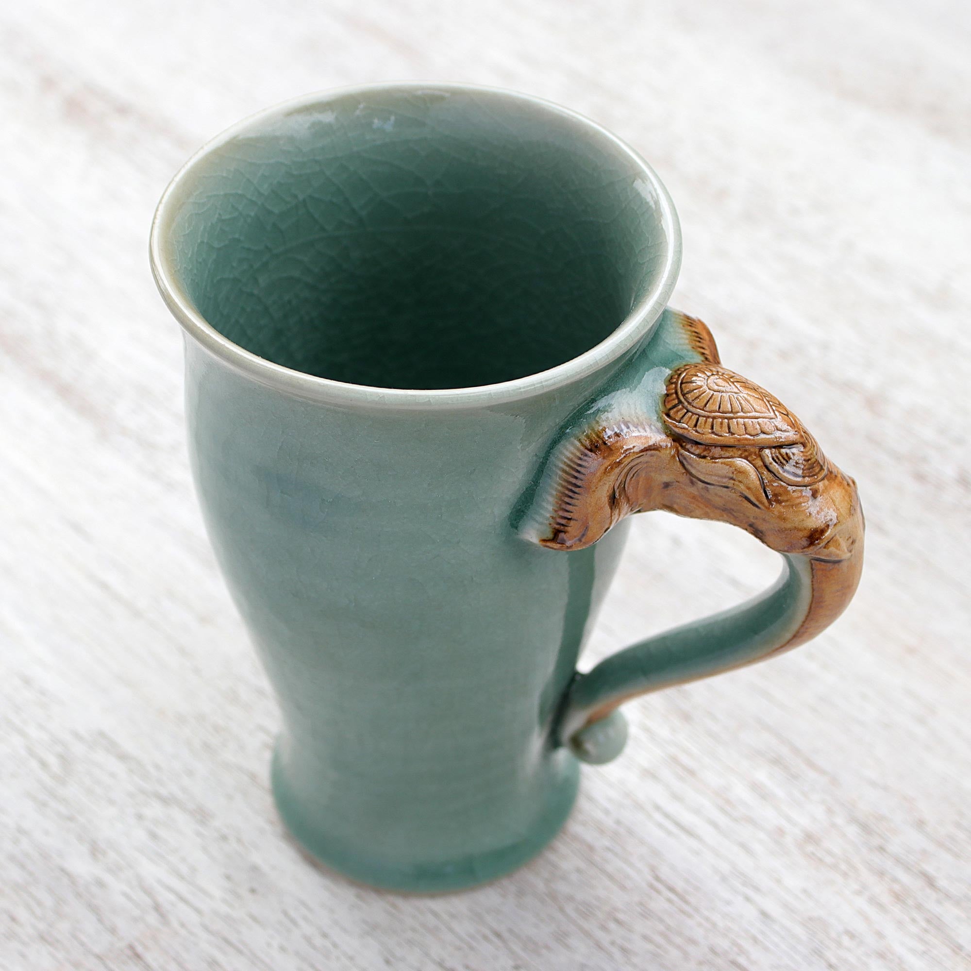 Premium Elephant Ceramic Mug - Green Crackled Celadon with Handcrafted Elephant Handle