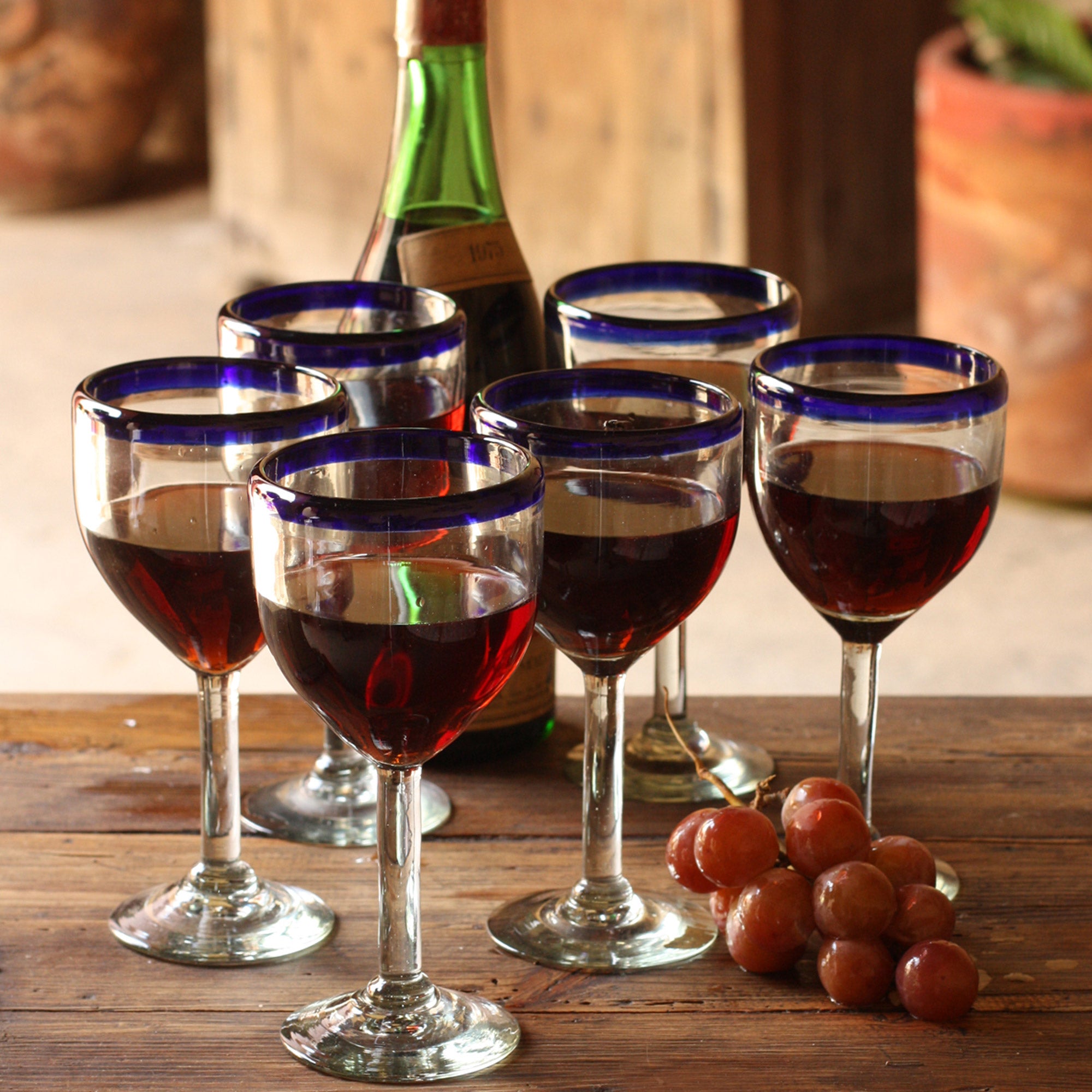 Premium Blue Cancun Handblown Glass Recycled Wine Goblets - Set of 6