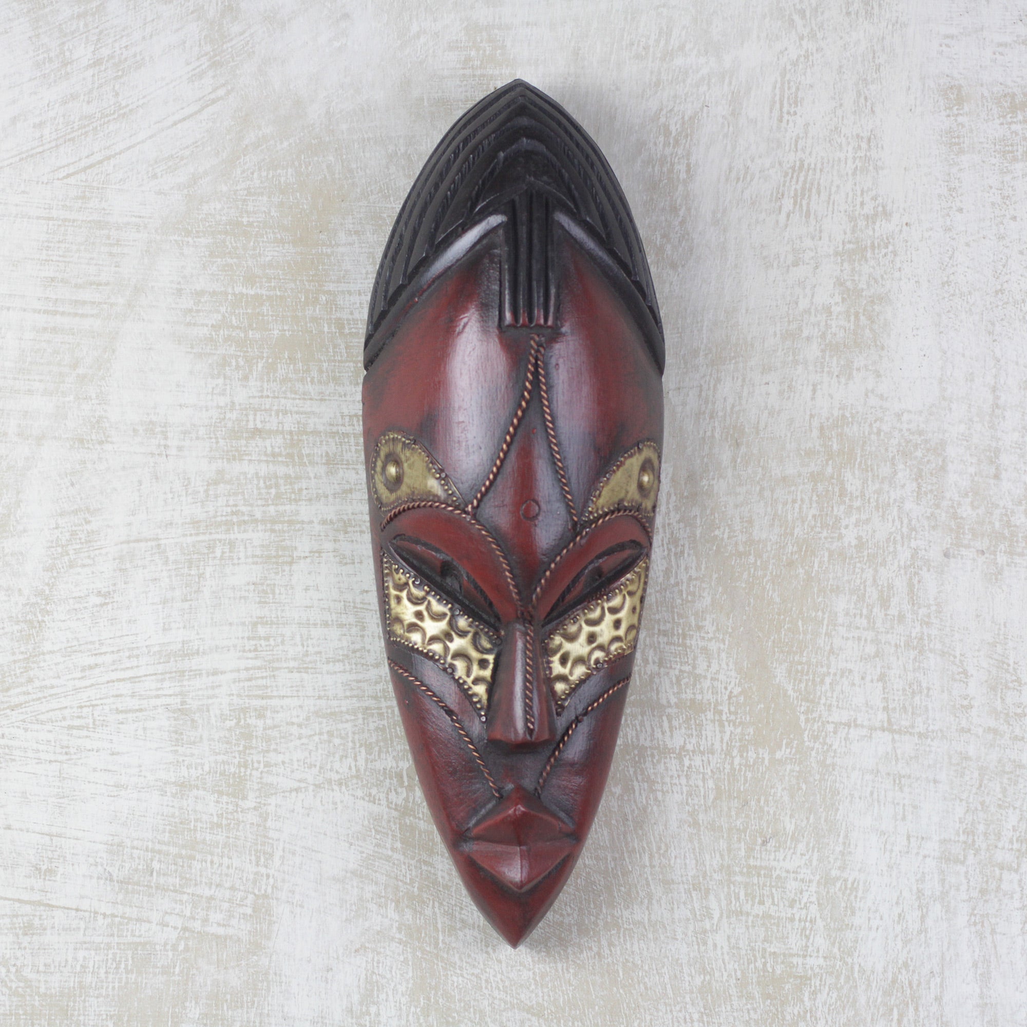 Premium Zodwa Wood and Brass Wall Mask - Handcrafted Ghanaian Art