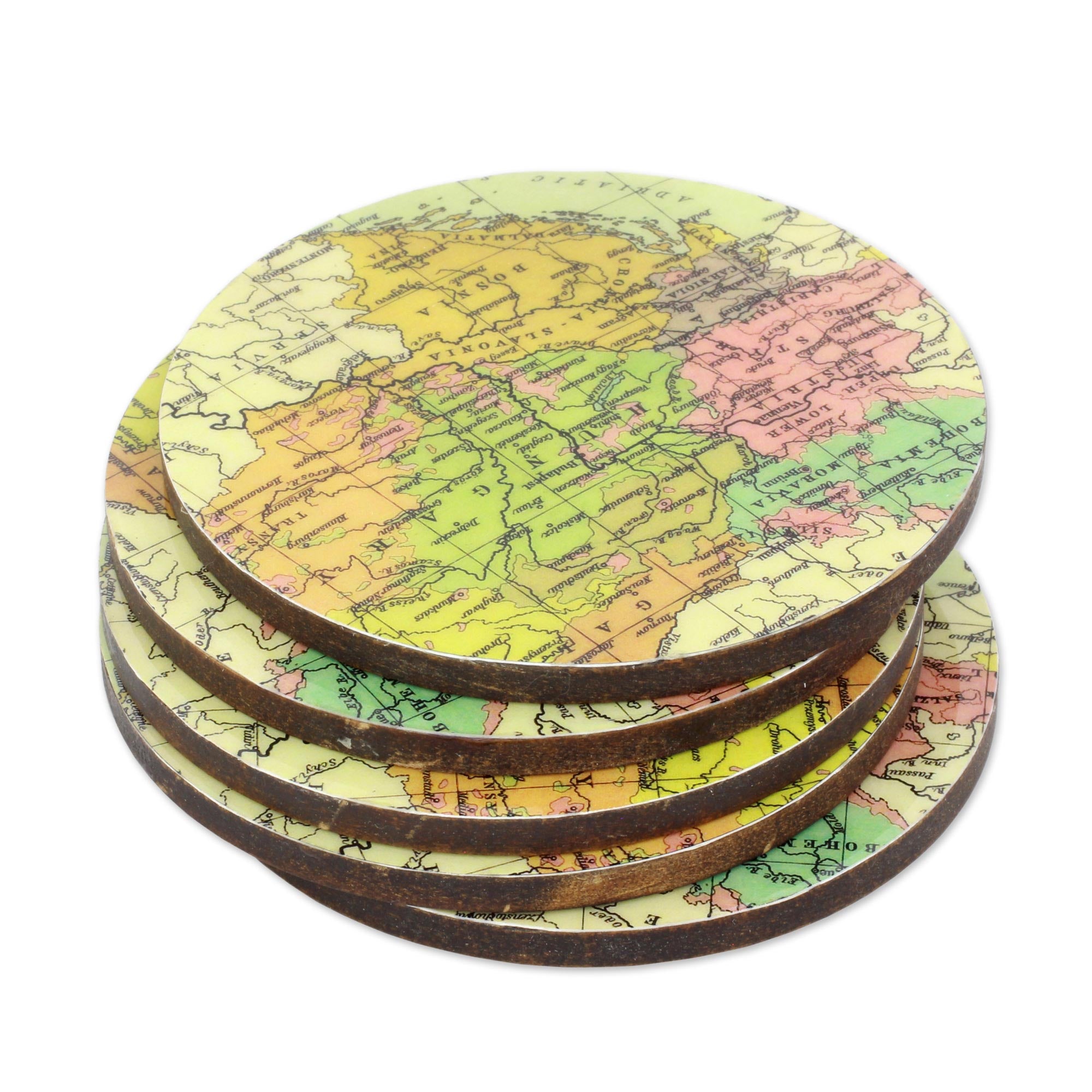 Premium Round Wooden World Map Coasters Set of 5 - Handcrafted in India