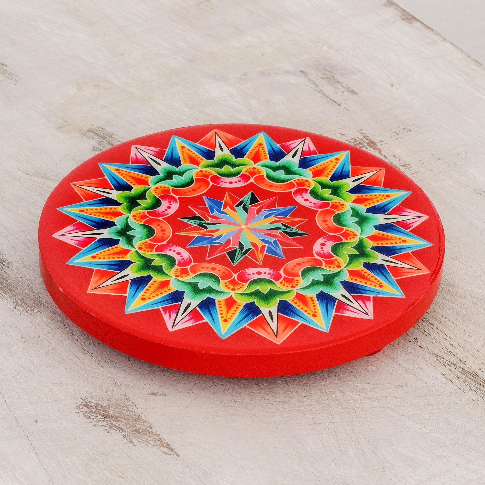 Premium Red Decoupage Wood Trivet - Handcrafted Costa Rican Artistry
