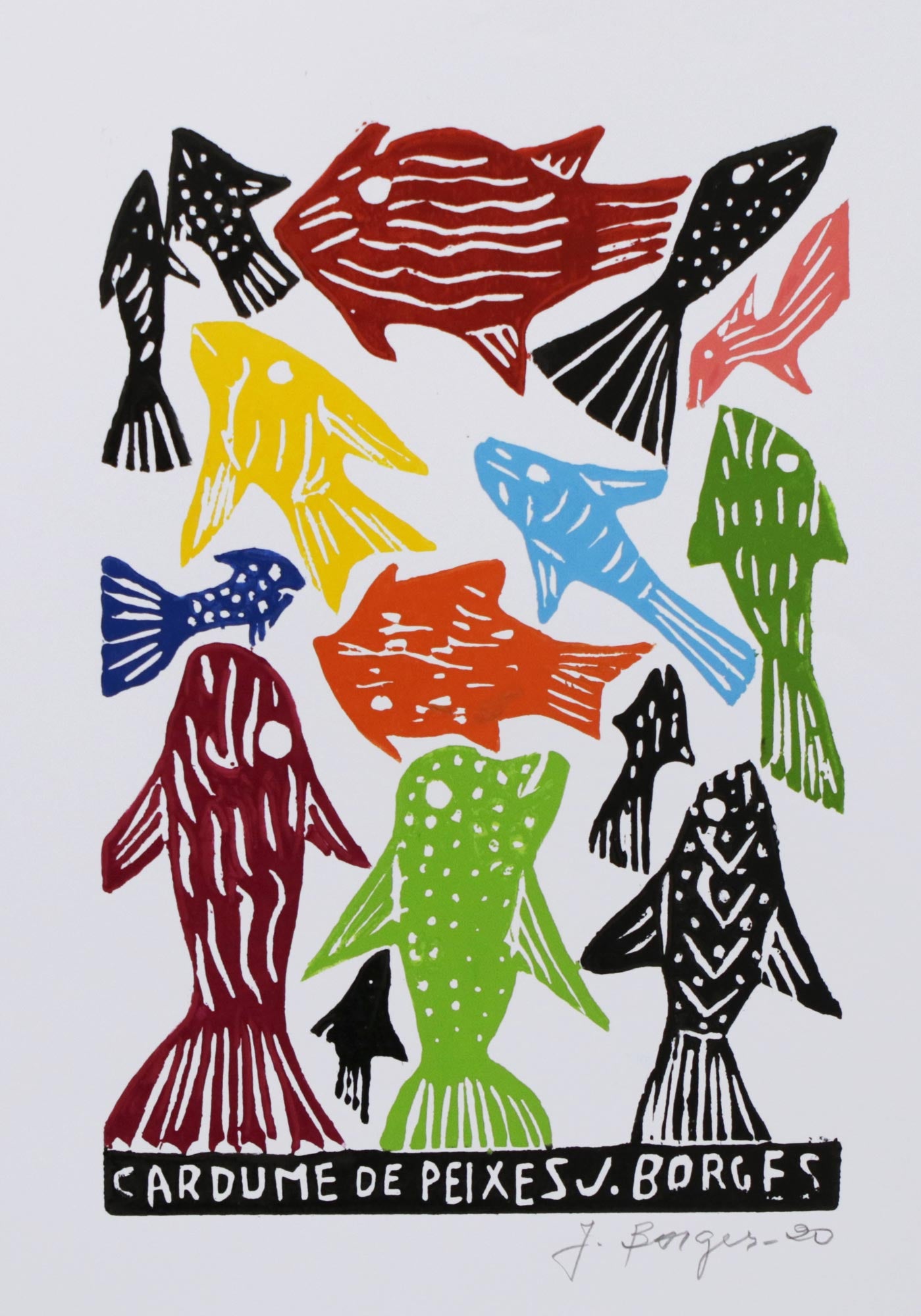 Premium Woodcut Print: School of Fish by J. Borges - Vibrant Brazilian Art
