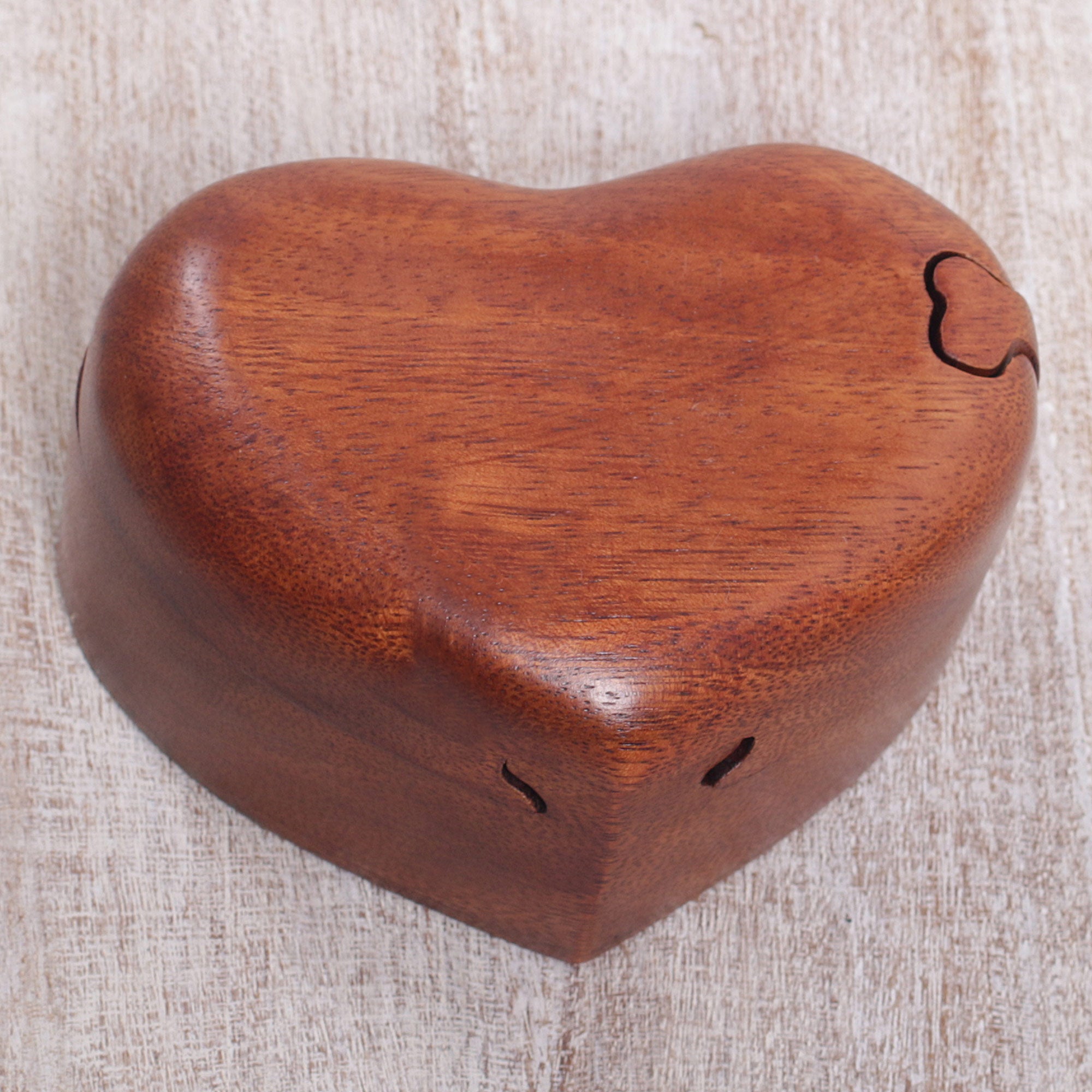 Premium Hand-Carved Suar Wood Puzzle Heart Box from Bali - Romantic Keepsake