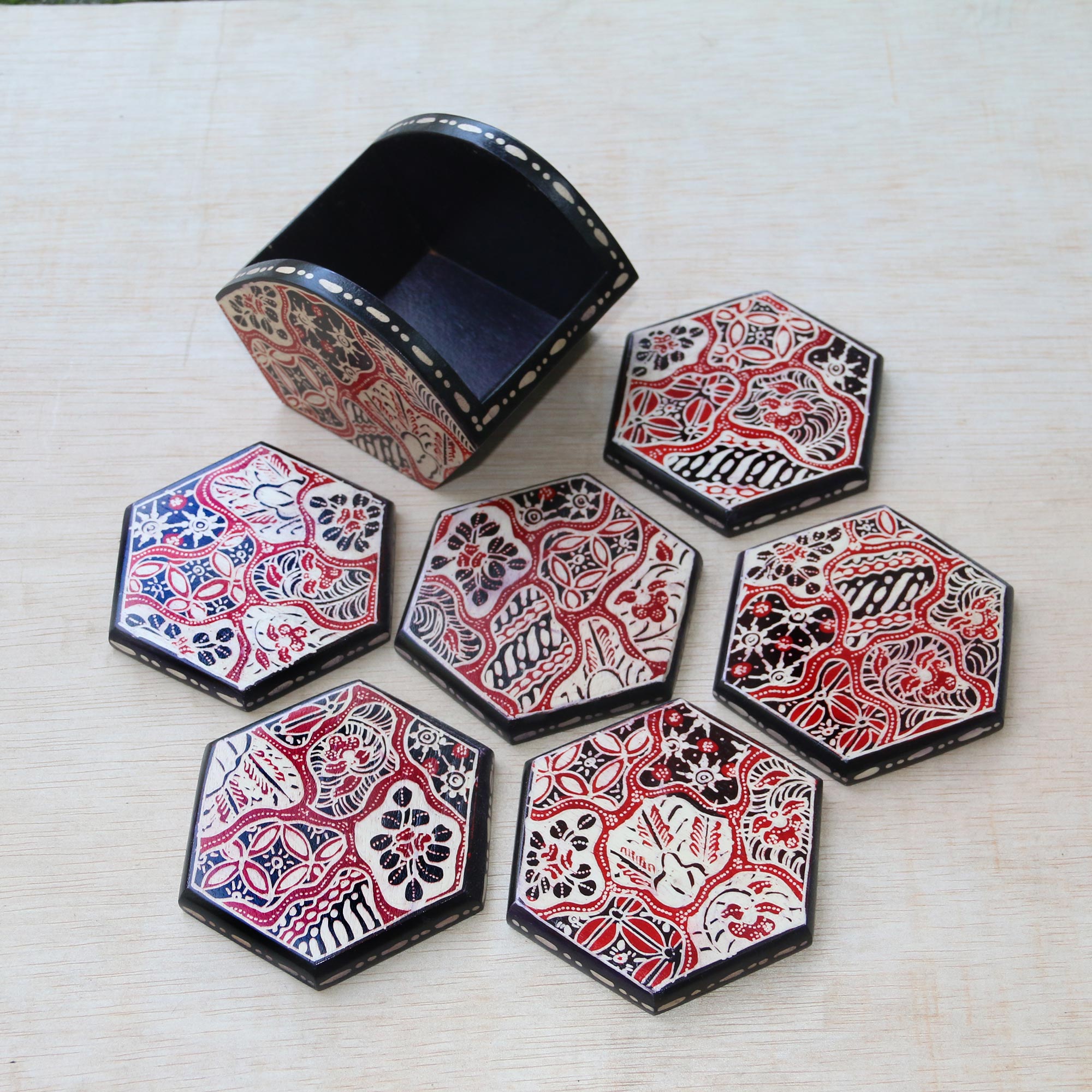 Premium Sekarjagad Batik Wood Coaster Set - Red & Black Floral Design with Holder