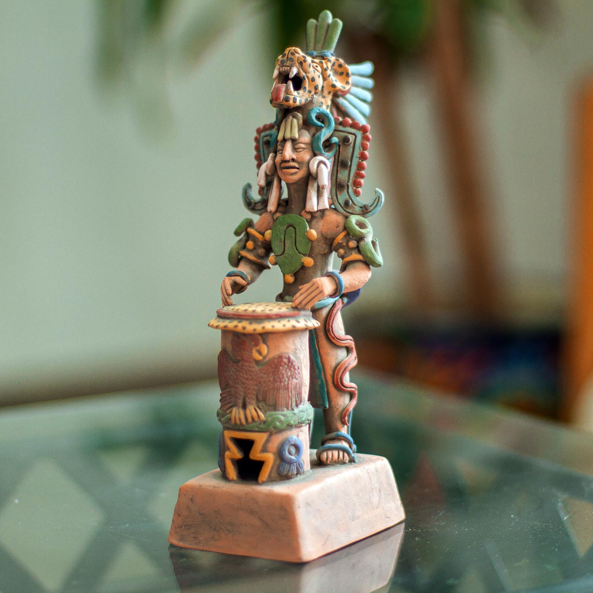 Premium Aztec Jaguar Warrior & Huehuetl Drum Sculpture - Ultimate Museum Replica