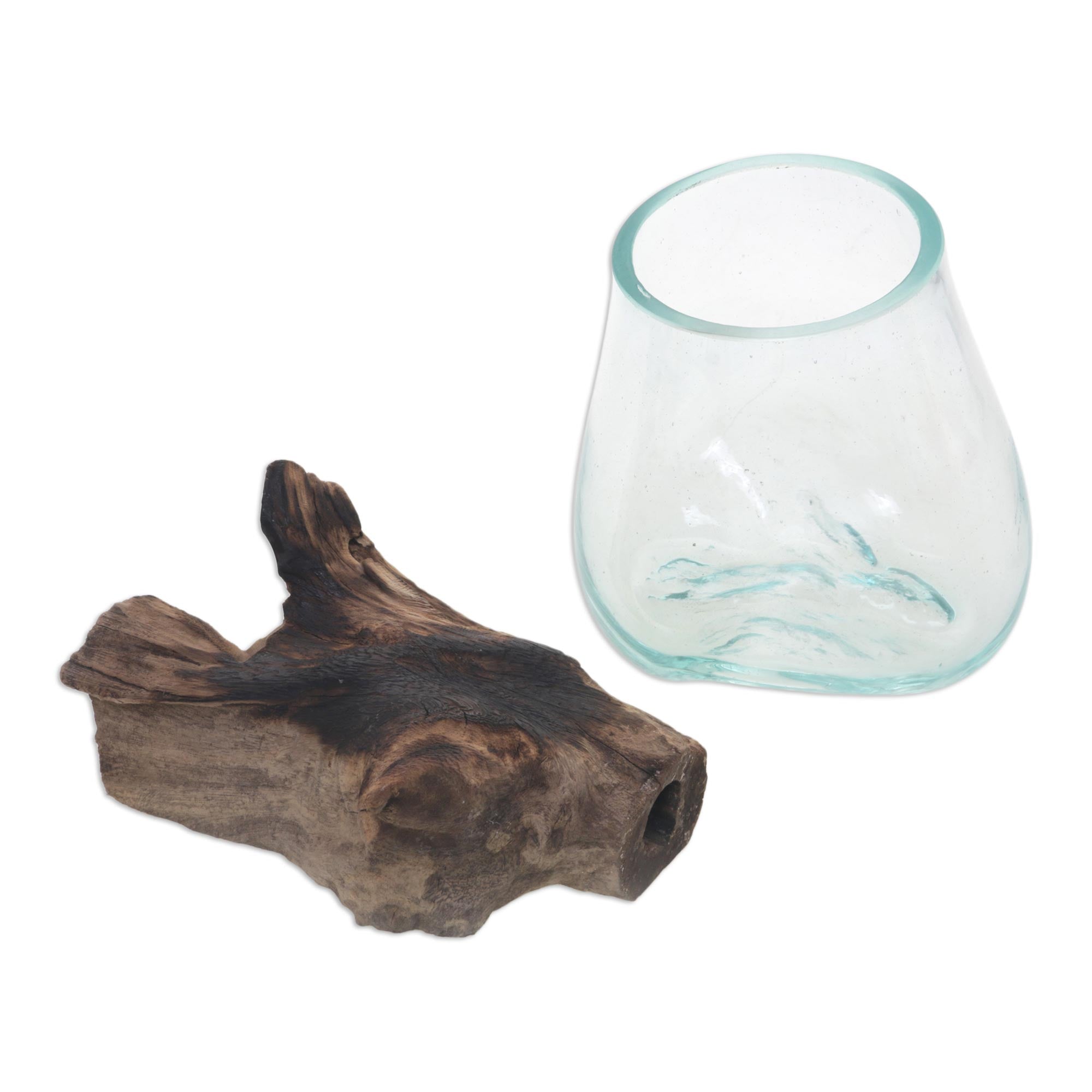 Premium Handcrafted Clear Horizon Vase - Blown Glass & Albesia Wood, Made in Bali