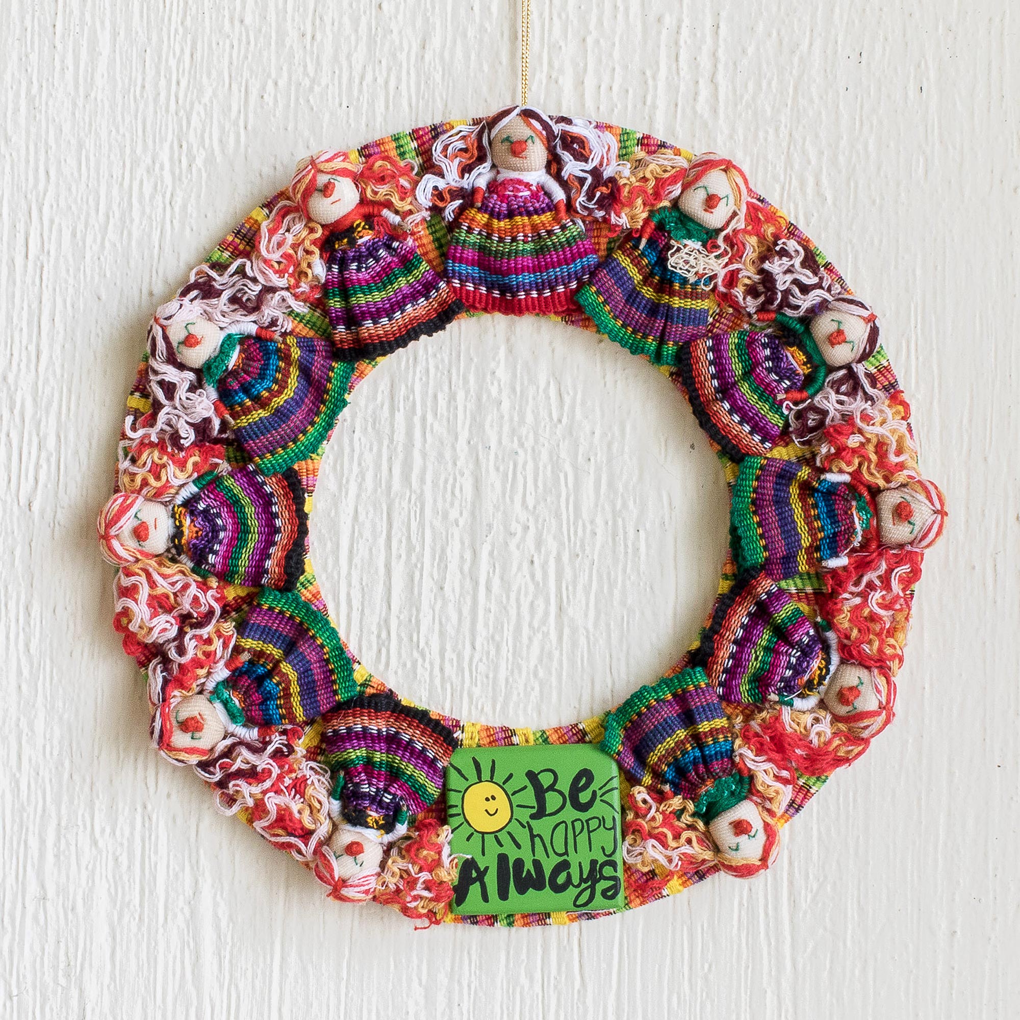 Premium Handmade Guatemalan Worry Doll Wreath - Be Happy Always