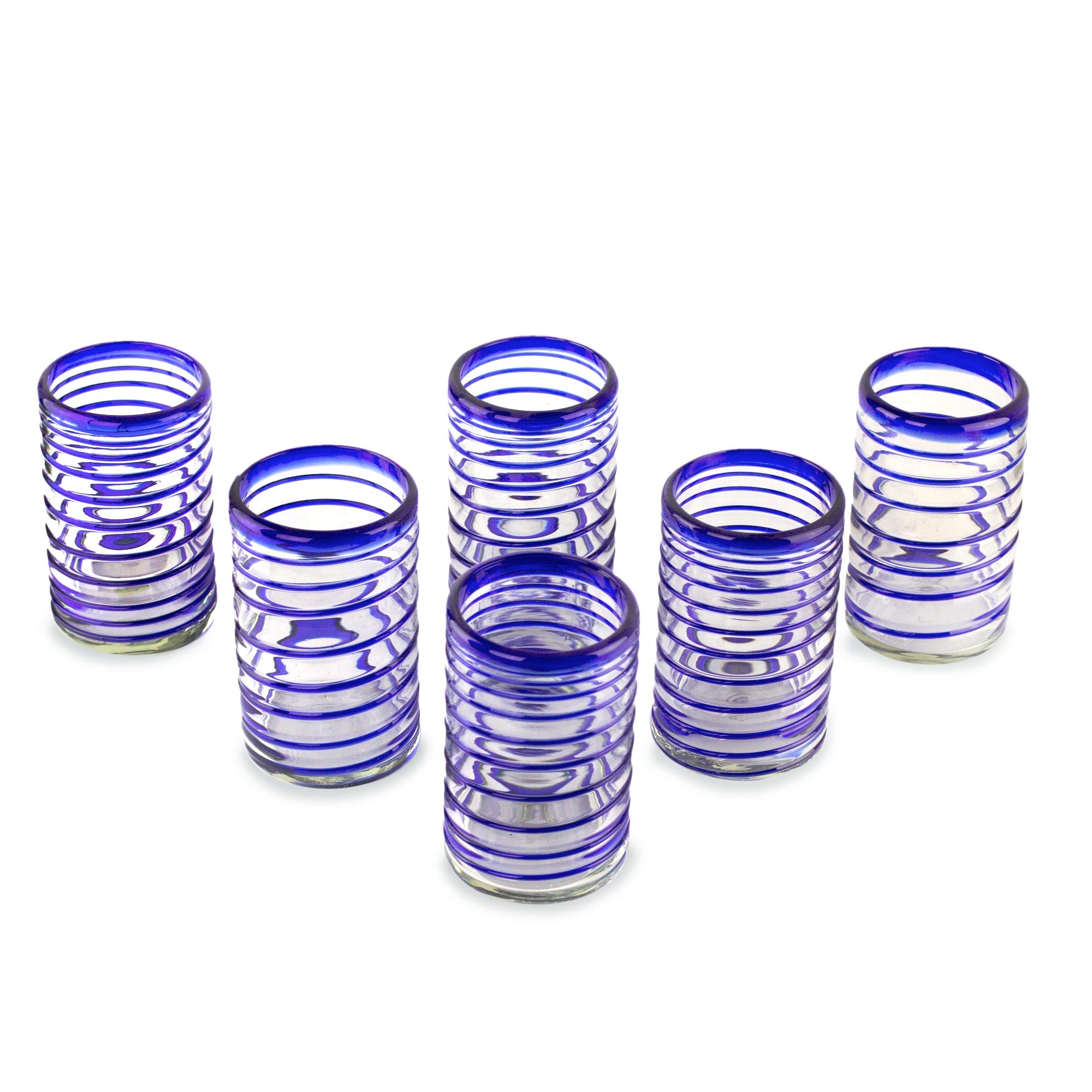 Premium Spirals of Thought Handblown Recycled Glass Striped Blue Drinkware Set - 6 Piece