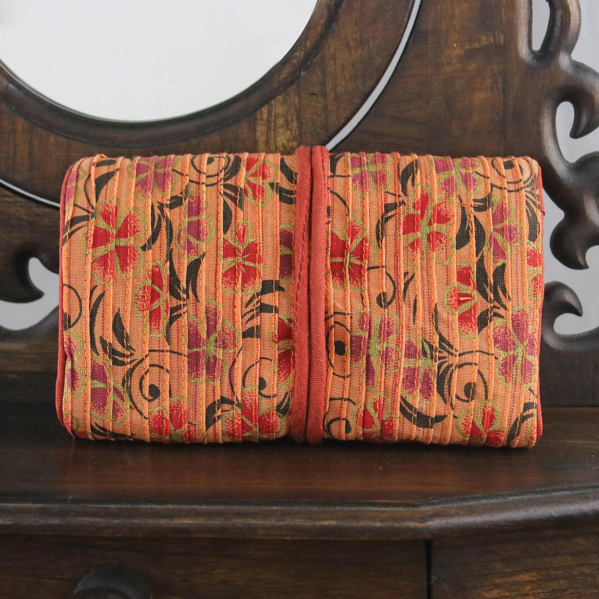 Premium Peach Jewelry Roll: Rayon & Silk Blend with Floral Motifs