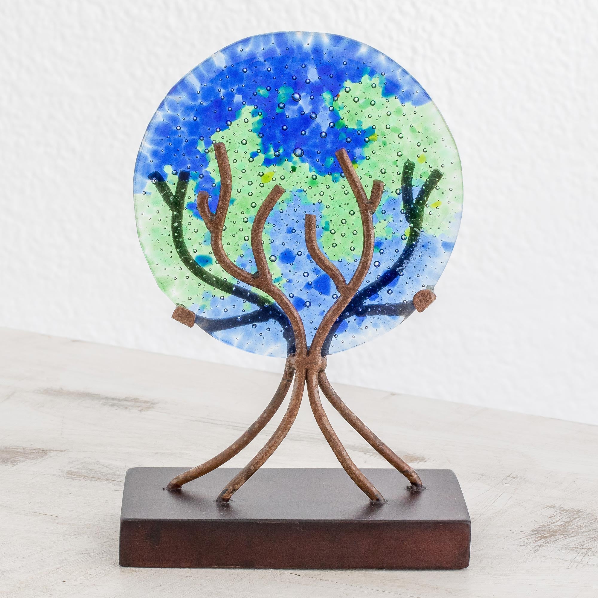 Premium Blue Circular Art Glass Sculpture - Handcrafted Tree of Life Design from El Salvador